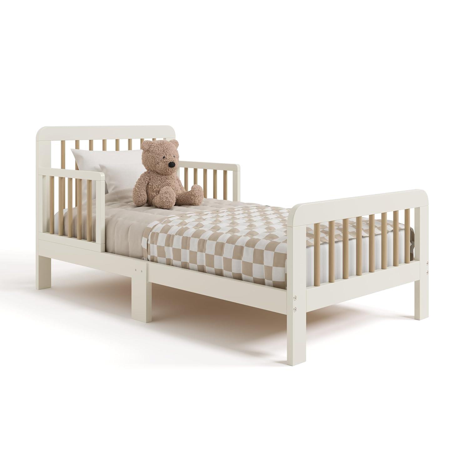 imageStorkcraft Pasadena Toddler Bed White with Driftwood GREENGUARD Gold Certified Fits Standard FullSize Crib ampamp Toddler Mattress Toddler Safety Guardrails Included Complete Design with FootboardFrosted Oat Driftwood