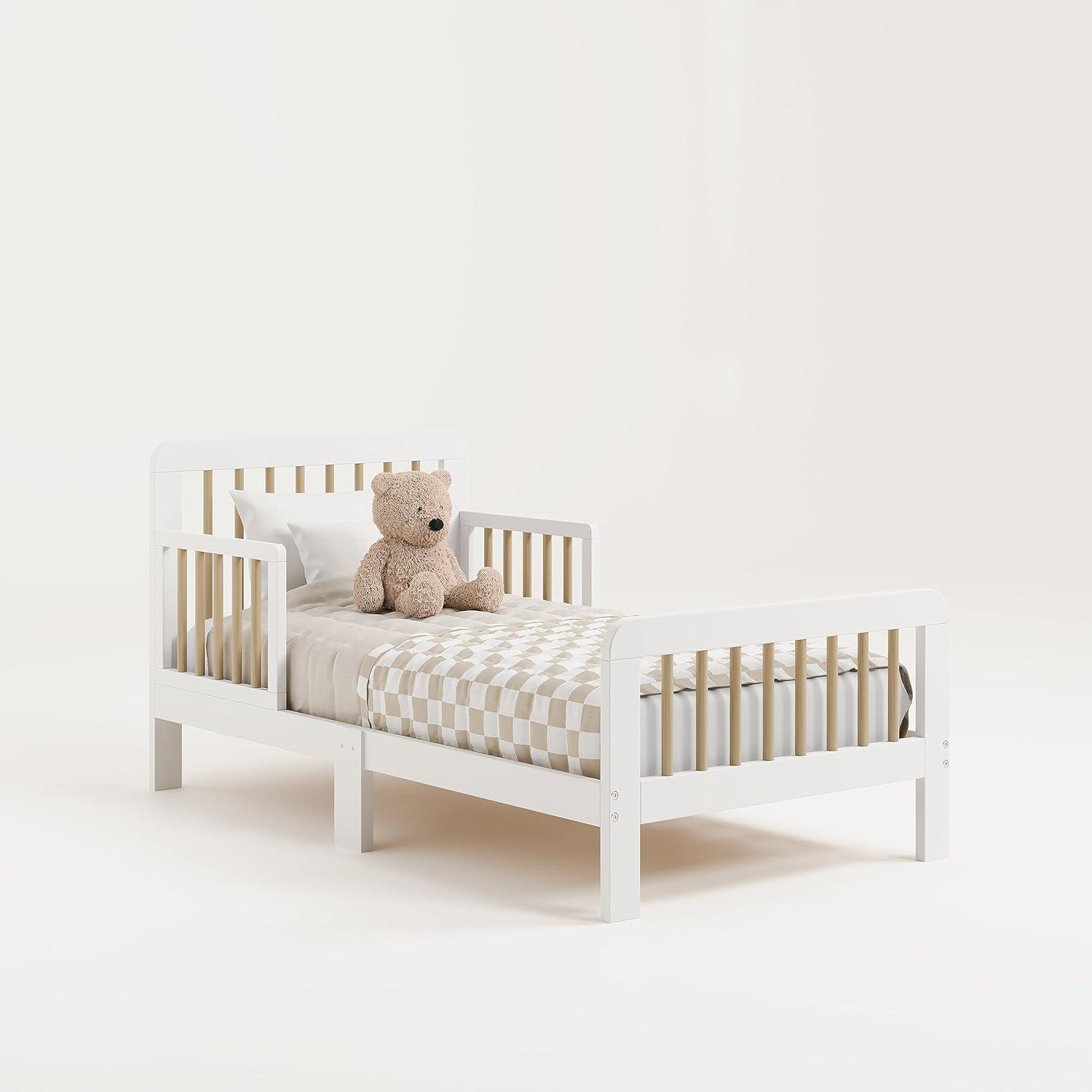 imageStorkcraft Pasadena Toddler Bed White with Driftwood GREENGUARD Gold Certified Fits Standard FullSize Crib ampamp Toddler Mattress Toddler Safety Guardrails Included Complete Design with FootboardWhite With Driftwood