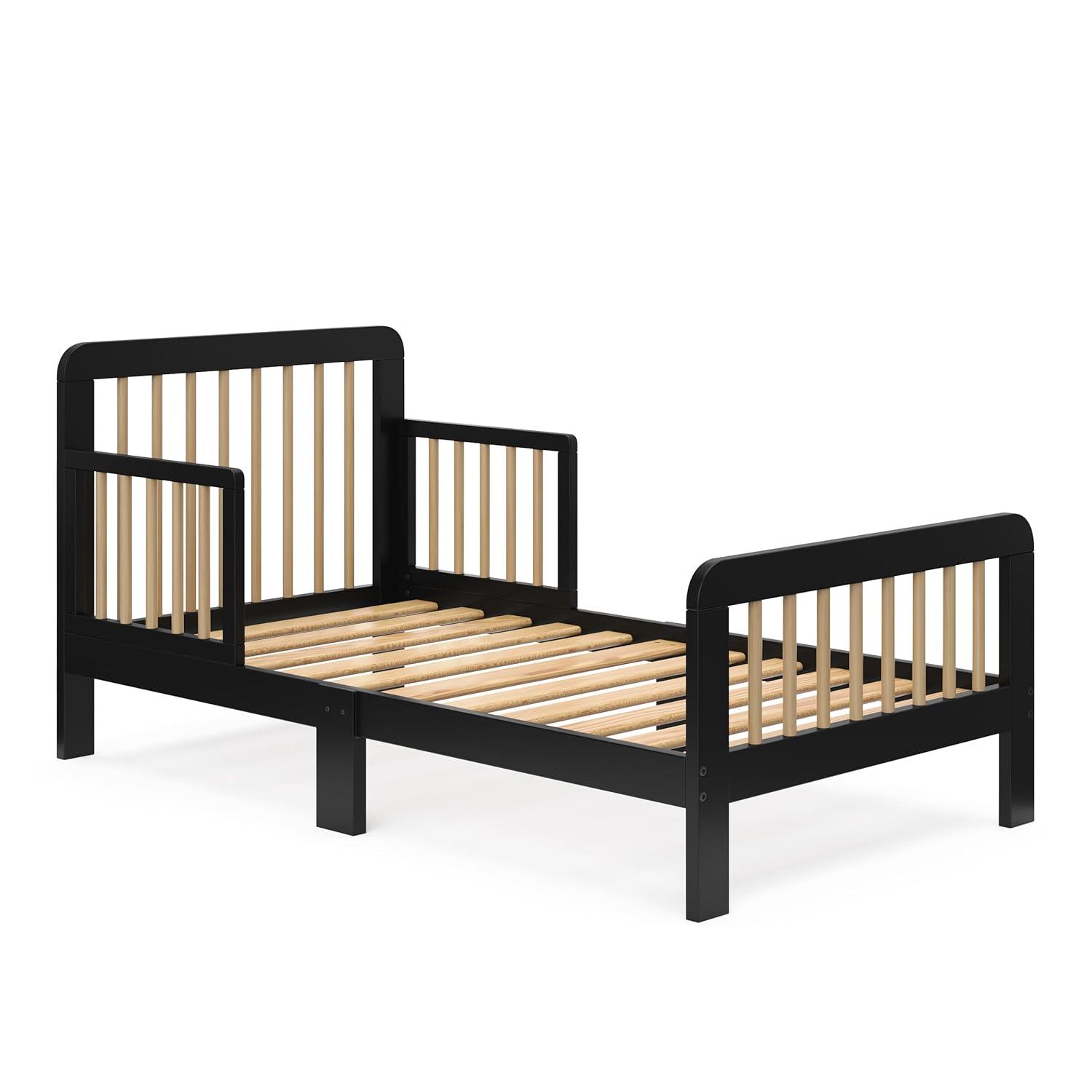 imageStorkcraft Pasadena Toddler Bed White with Driftwood GREENGUARD Gold Certified Fits Standard FullSize Crib ampamp Toddler Mattress Toddler Safety Guardrails Included Complete Design with FootboardBlack Driftwood