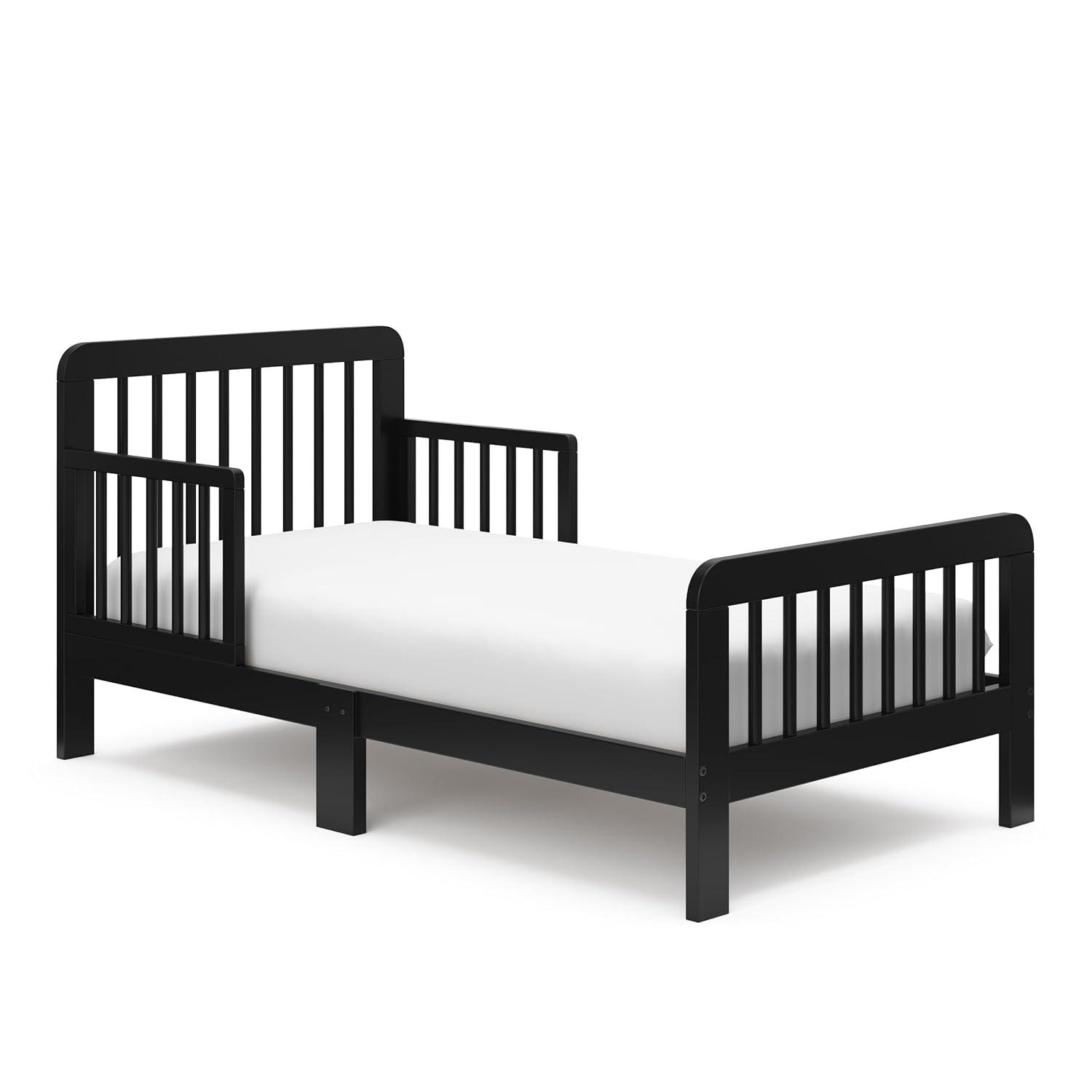 imageStorkcraft Pasadena Toddler Bed White with Driftwood GREENGUARD Gold Certified Fits Standard FullSize Crib ampamp Toddler Mattress Toddler Safety Guardrails Included Complete Design with FootboardBlack