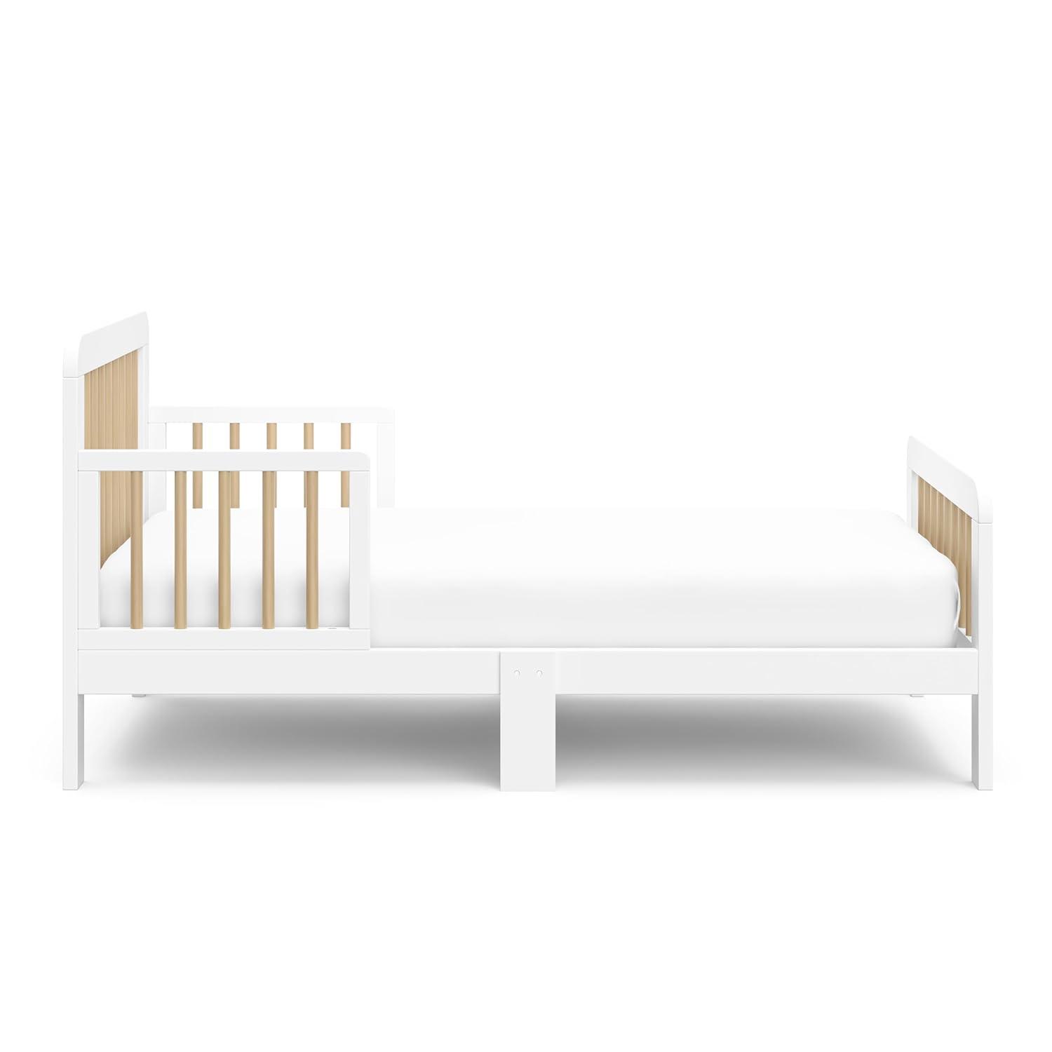 imageStorkcraft Pasadena Toddler Bed White with Driftwood GREENGUARD Gold Certified Fits Standard FullSize Crib ampamp Toddler Mattress Toddler Safety Guardrails Included Complete Design with FootboardWhite With Driftwood