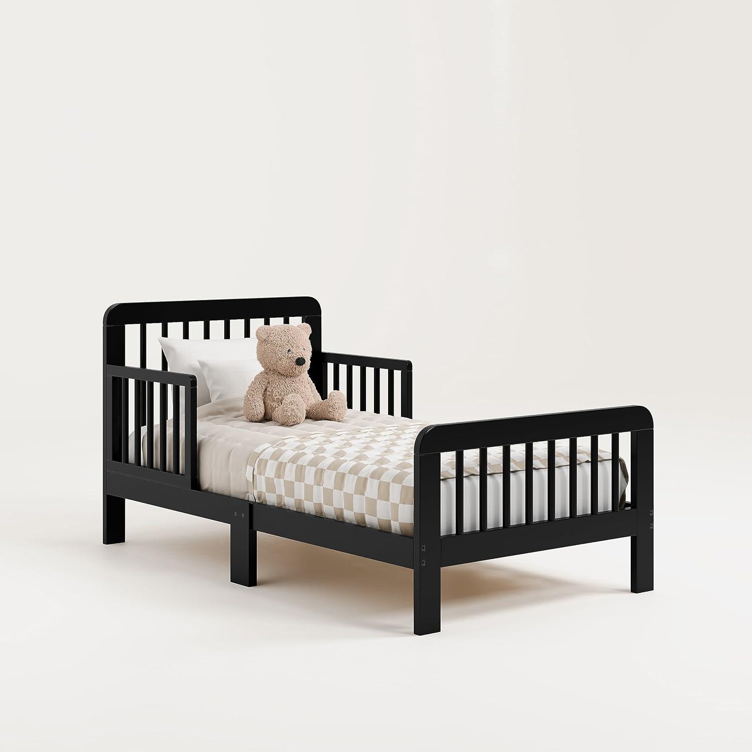 imageStorkcraft Pasadena Toddler Bed White with Driftwood GREENGUARD Gold Certified Fits Standard FullSize Crib ampamp Toddler Mattress Toddler Safety Guardrails Included Complete Design with FootboardBlack