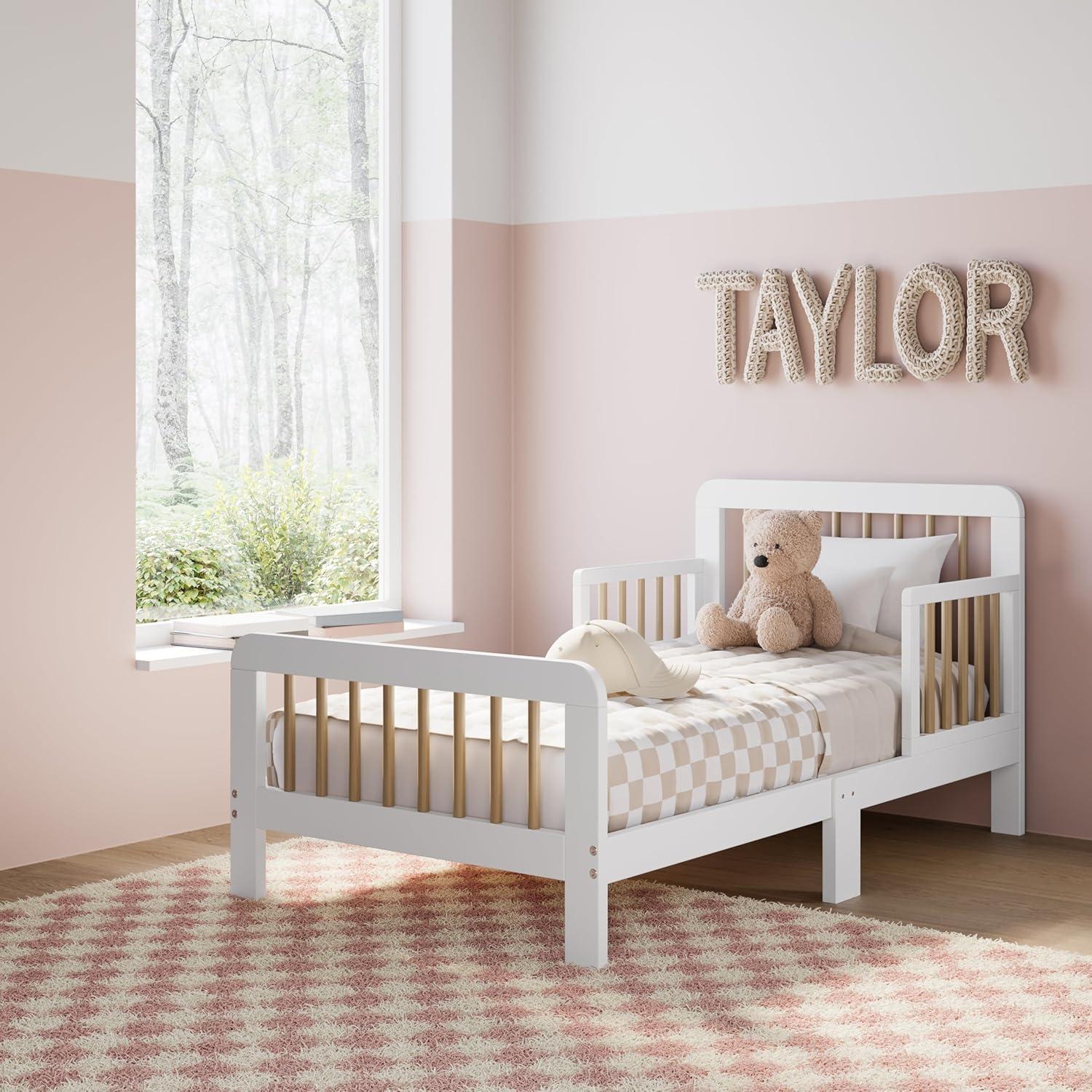 imageStorkcraft Pasadena Toddler Bed White with Driftwood GREENGUARD Gold Certified Fits Standard FullSize Crib ampamp Toddler Mattress Toddler Safety Guardrails Included Complete Design with FootboardWhite With Driftwood