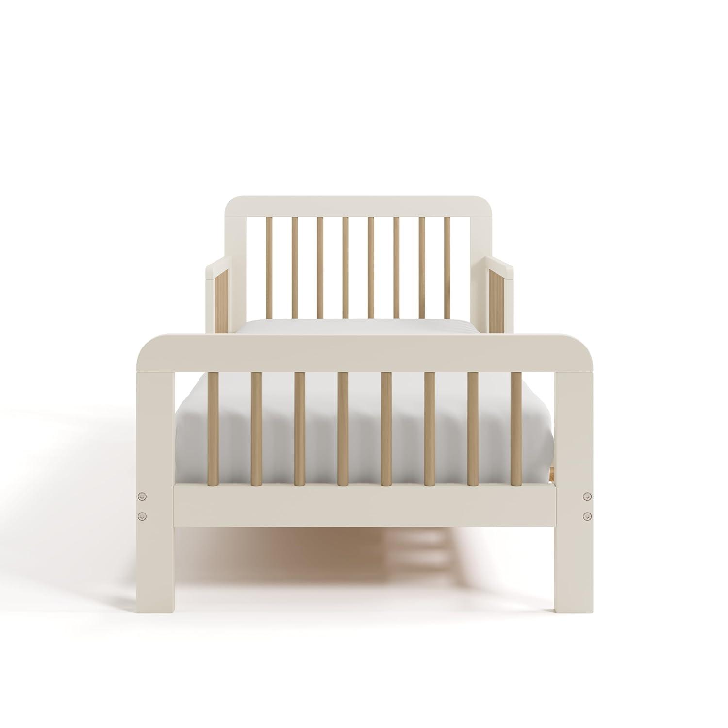 imageStorkcraft Pasadena Toddler Bed White with Driftwood GREENGUARD Gold Certified Fits Standard FullSize Crib ampamp Toddler Mattress Toddler Safety Guardrails Included Complete Design with FootboardFrosted Oat Driftwood