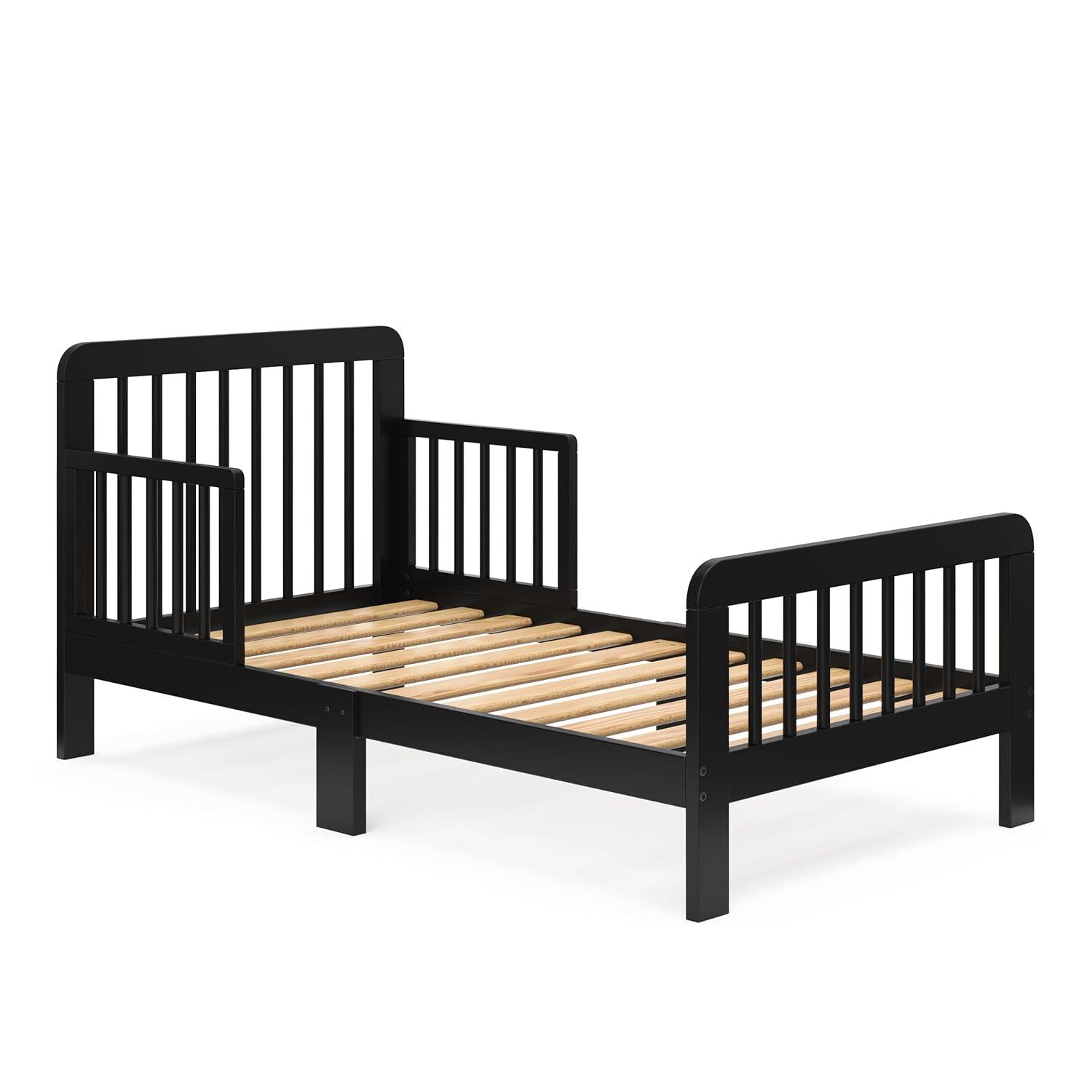 imageStorkcraft Pasadena Toddler Bed White with Driftwood GREENGUARD Gold Certified Fits Standard FullSize Crib ampamp Toddler Mattress Toddler Safety Guardrails Included Complete Design with FootboardBlack