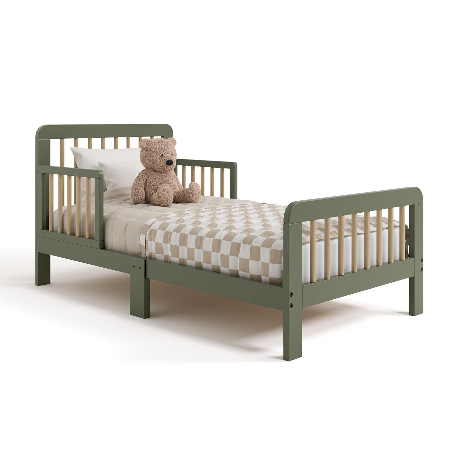 imageStorkcraft Pasadena Toddler Bed White with Driftwood GREENGUARD Gold Certified Fits Standard FullSize Crib ampamp Toddler Mattress Toddler Safety Guardrails Included Complete Design with FootboardOlive Driftwood
