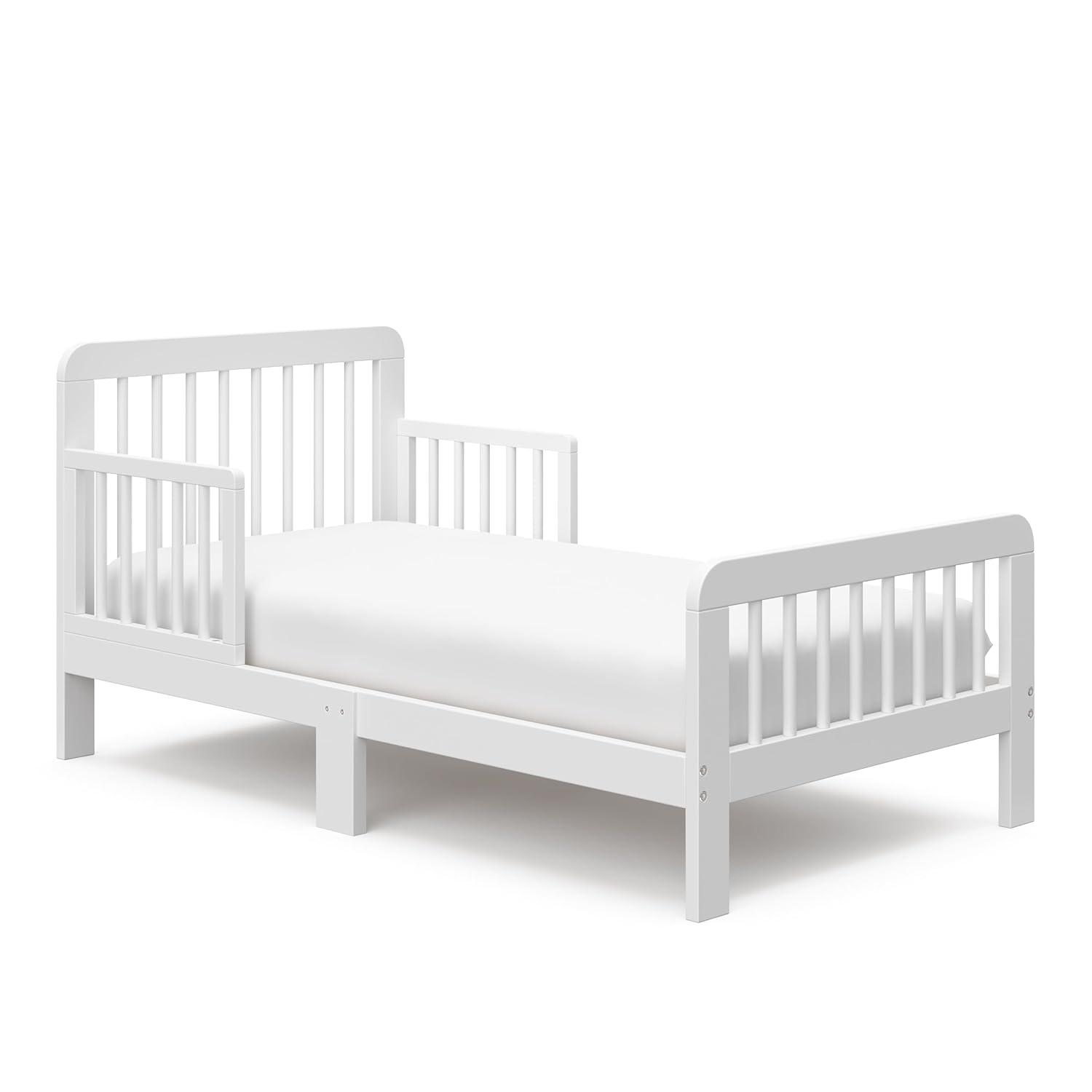 imageStorkcraft Pasadena Toddler Bed White with Driftwood GREENGUARD Gold Certified Fits Standard FullSize Crib ampamp Toddler Mattress Toddler Safety Guardrails Included Complete Design with FootboardWhite