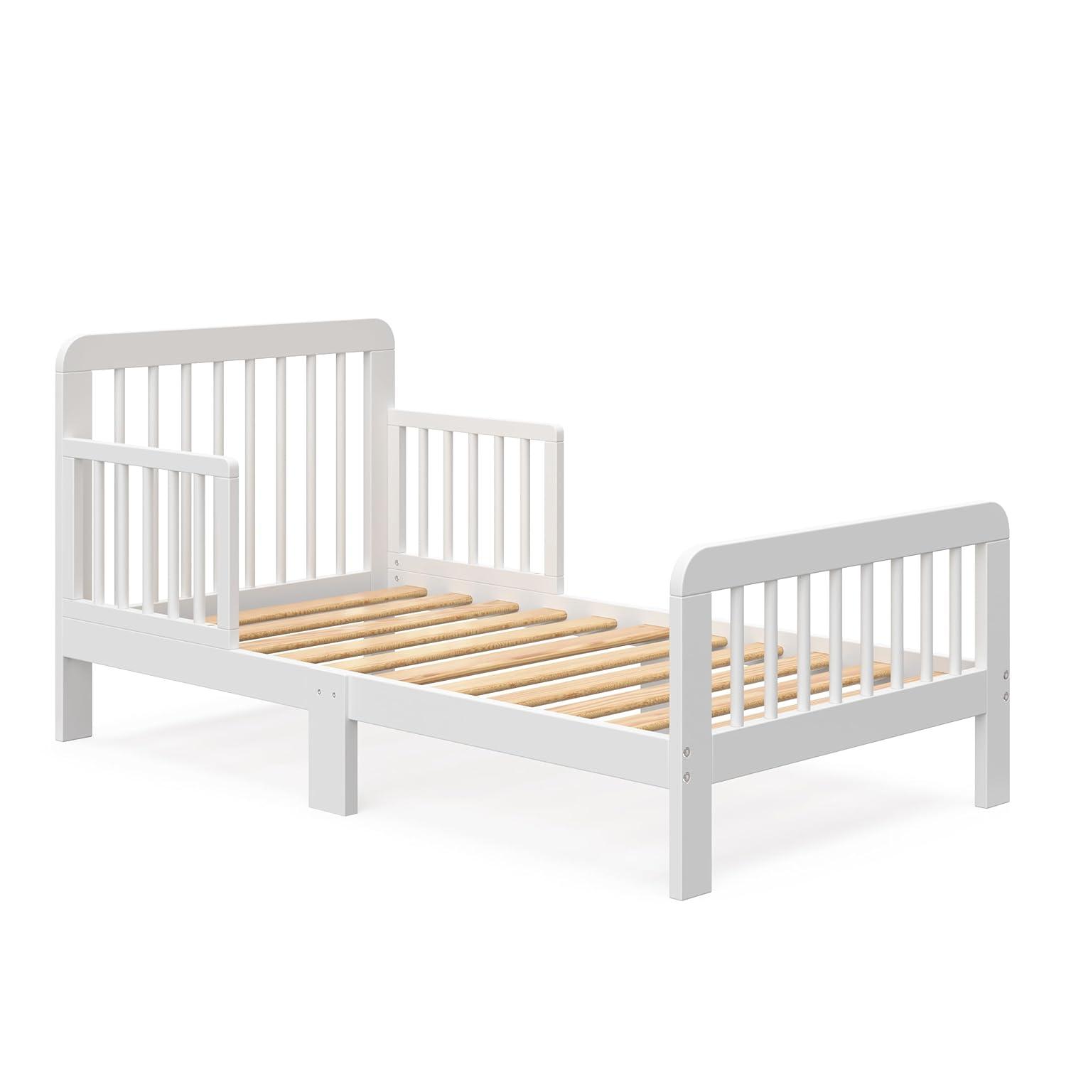 imageStorkcraft Pasadena Toddler Bed White with Driftwood GREENGUARD Gold Certified Fits Standard FullSize Crib ampamp Toddler Mattress Toddler Safety Guardrails Included Complete Design with FootboardWhite