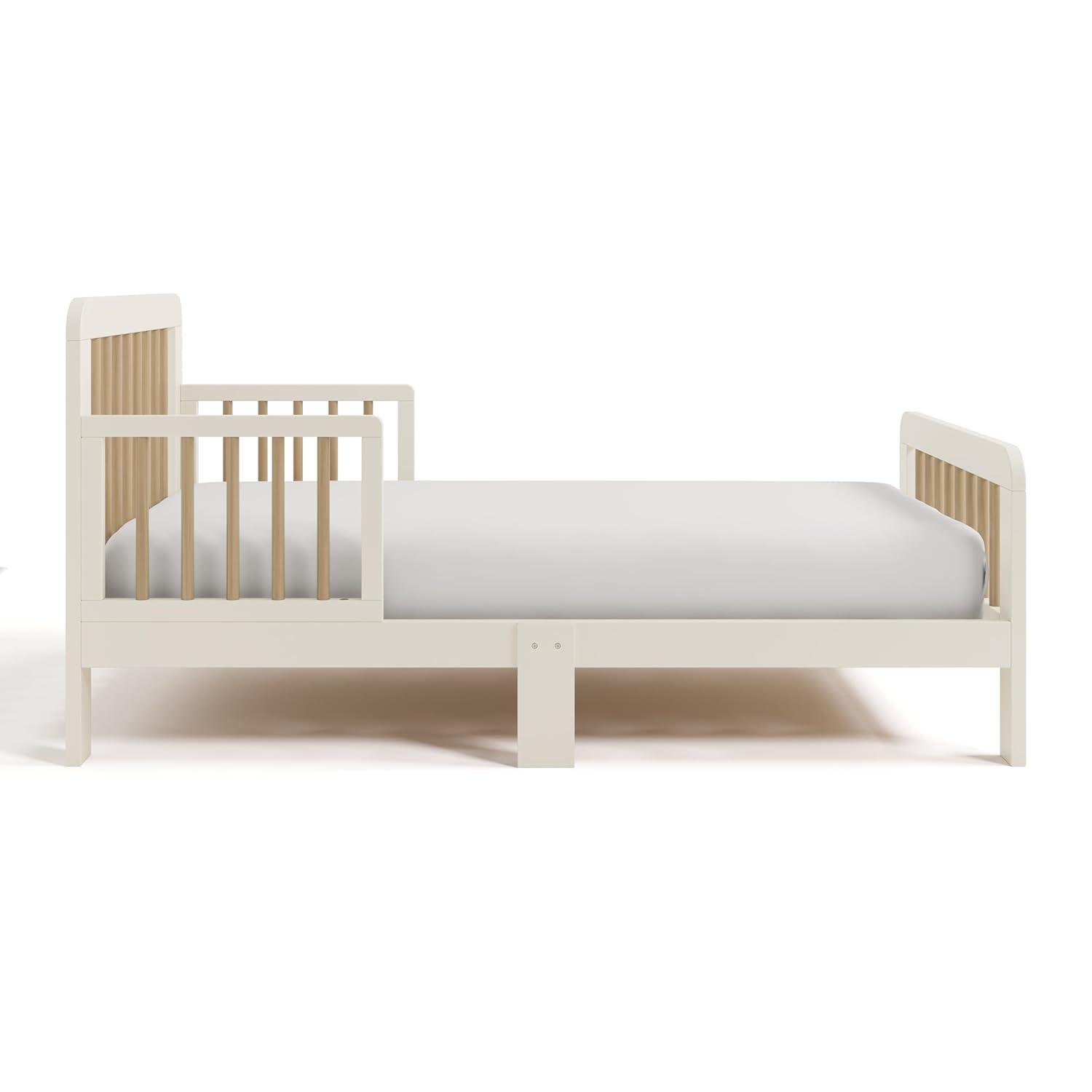 imageStorkcraft Pasadena Toddler Bed White with Driftwood GREENGUARD Gold Certified Fits Standard FullSize Crib ampamp Toddler Mattress Toddler Safety Guardrails Included Complete Design with FootboardFrosted Oat Driftwood
