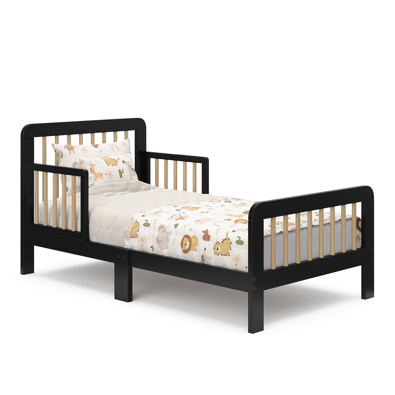 imageStorkcraft Pasadena Toddler Bed White with Driftwood GREENGUARD Gold Certified Fits Standard FullSize Crib ampamp Toddler Mattress Toddler Safety Guardrails Included Complete Design with FootboardBlack Driftwood