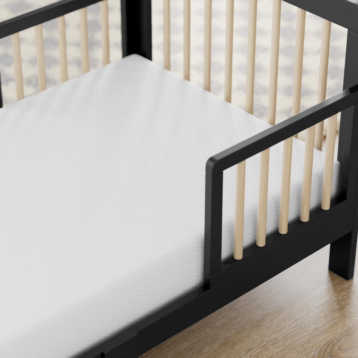 imageStorkcraft Pasadena Toddler Bed White with Driftwood GREENGUARD Gold Certified Fits Standard FullSize Crib ampamp Toddler Mattress Toddler Safety Guardrails Included Complete Design with FootboardBlack Driftwood