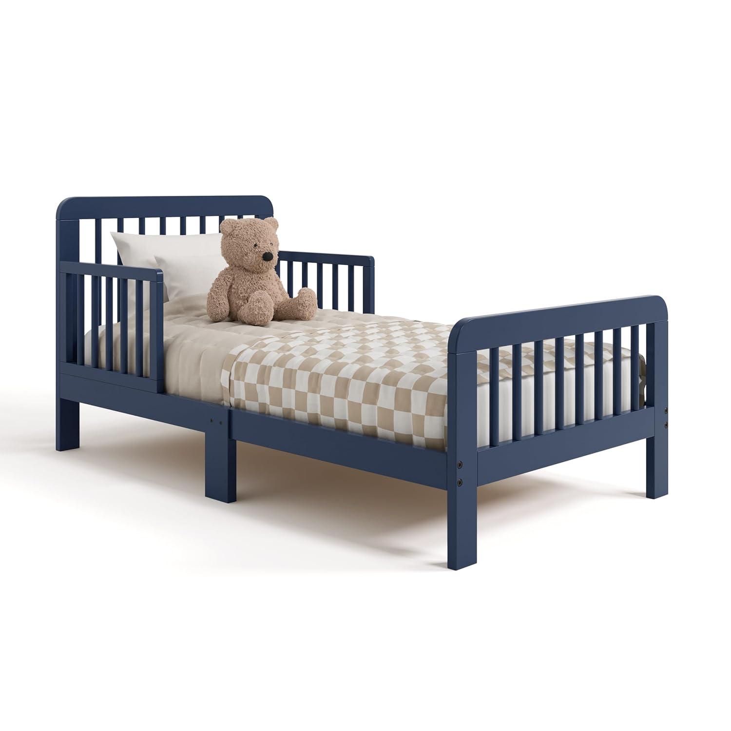 imageStorkcraft Pasadena Toddler Bed White with Driftwood GREENGUARD Gold Certified Fits Standard FullSize Crib ampamp Toddler Mattress Toddler Safety Guardrails Included Complete Design with FootboardMidnight Blue