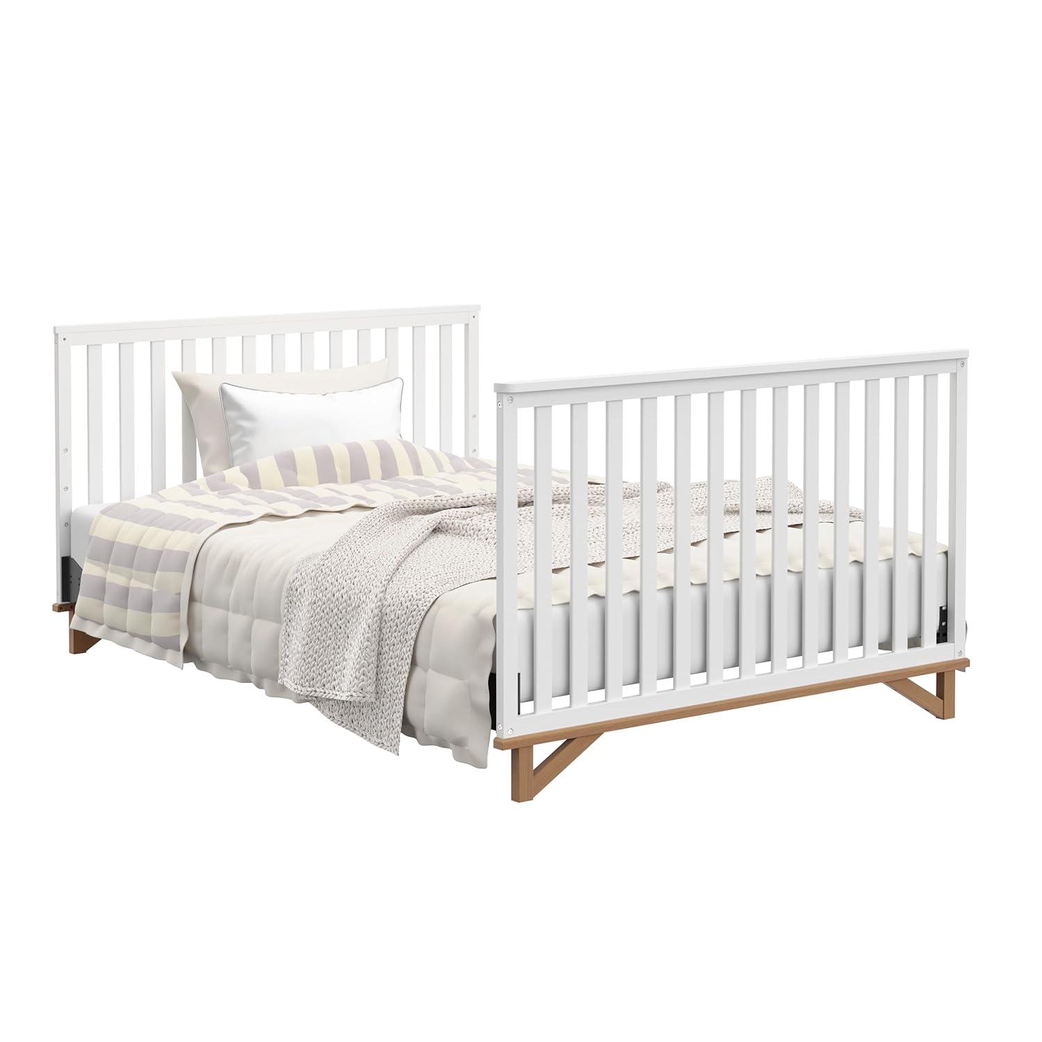 imageStorkcraft Santa Monica 5in1 Convertible Crib White with Vintage Driftwood GREENGUARD Gold Certified Modern Design TwoTone Baby Crib Converts to Toddler Bed Daybed and FullSize BedWhiteVintage Driftwood