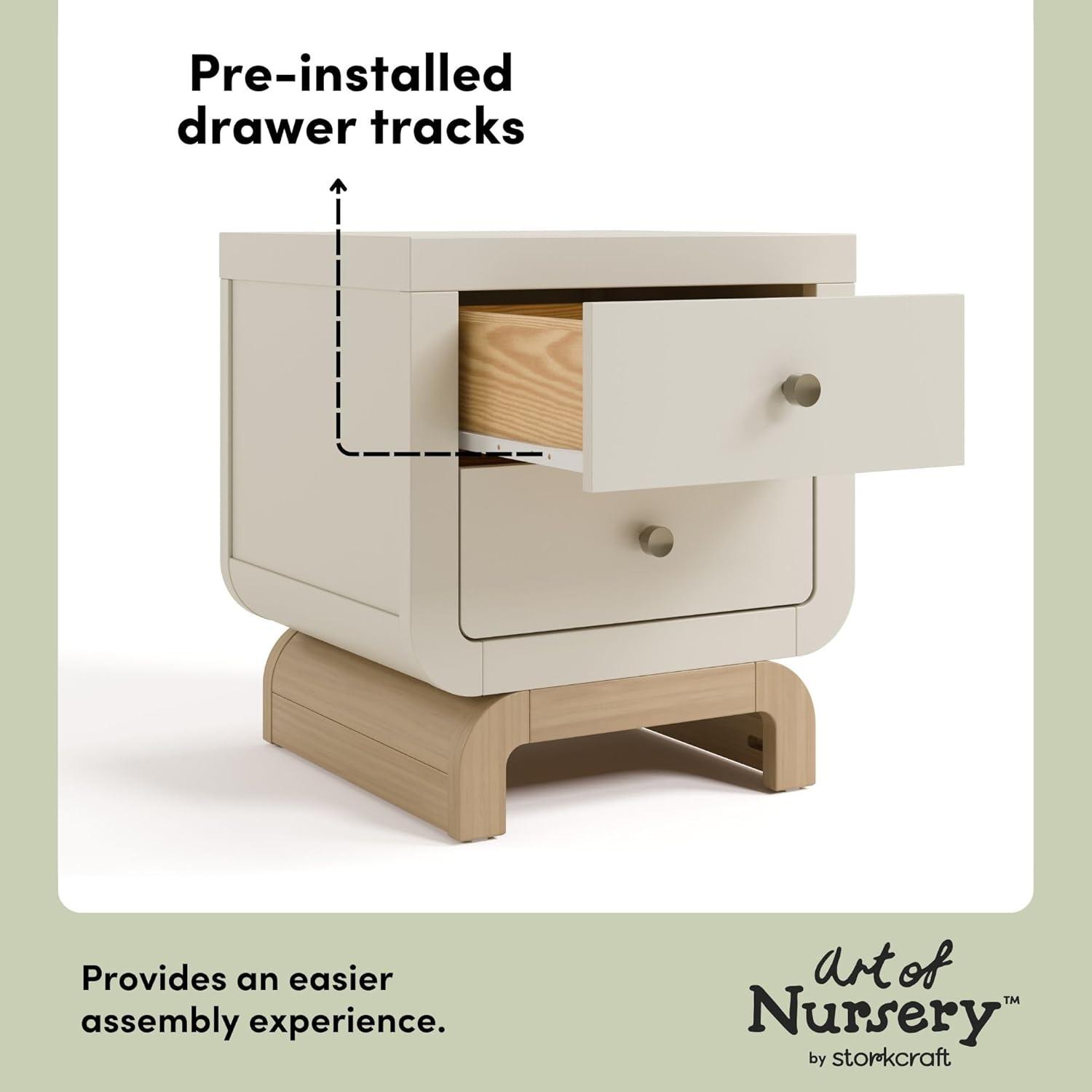 imageStorkcraft Santorini 2 Drawer Nightstand White ampamp Driftwood GREENGUARD Gold Certified Nightstand for Kids Bedroom Premium Wood with Curved Base Champagne Metal KnobsFrosted Oat Driftwood