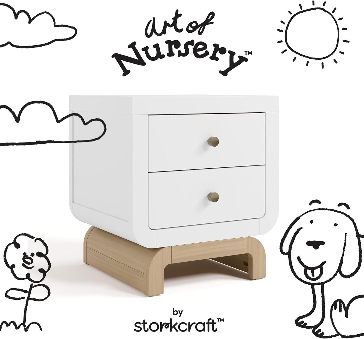 imageStorkcraft Santorini 2 Drawer Nightstand White ampamp Driftwood GREENGUARD Gold Certified Nightstand for Kids Bedroom Premium Wood with Curved Base Champagne Metal KnobsWhite Driftwood