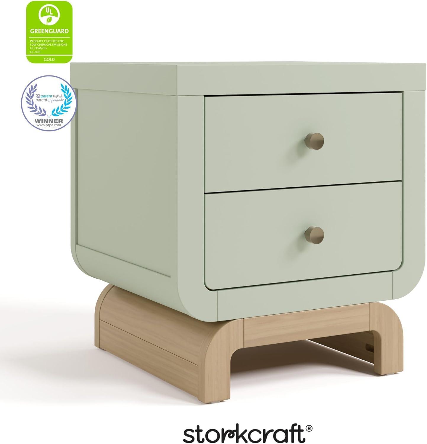 imageStorkcraft Santorini 2 Drawer Nightstand White ampamp Driftwood GREENGUARD Gold Certified Nightstand for Kids Bedroom Premium Wood with Curved Base Champagne Metal KnobsSage Driftwood