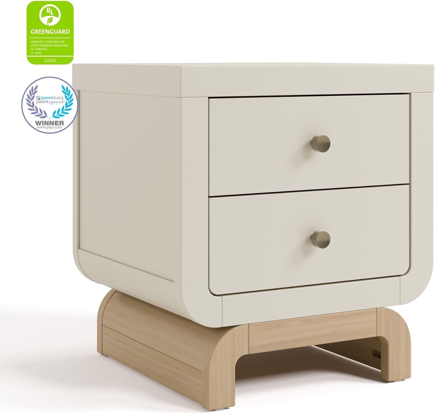 imageStorkcraft Santorini 2 Drawer Nightstand White ampamp Driftwood GREENGUARD Gold Certified Nightstand for Kids Bedroom Premium Wood with Curved Base Champagne Metal KnobsFrosted Oat Driftwood