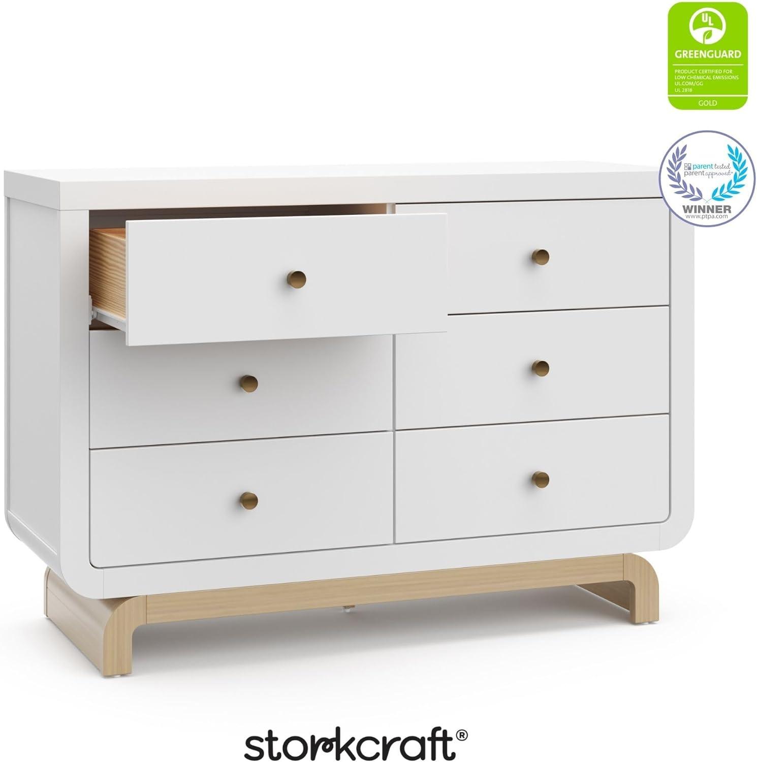 imageStorkcraft Santorini 2 Drawer Nightstand White ampamp Driftwood GREENGUARD Gold Certified Nightstand for Kids Bedroom Premium Wood with Curved Base Champagne Metal KnobsWhite Driftwood