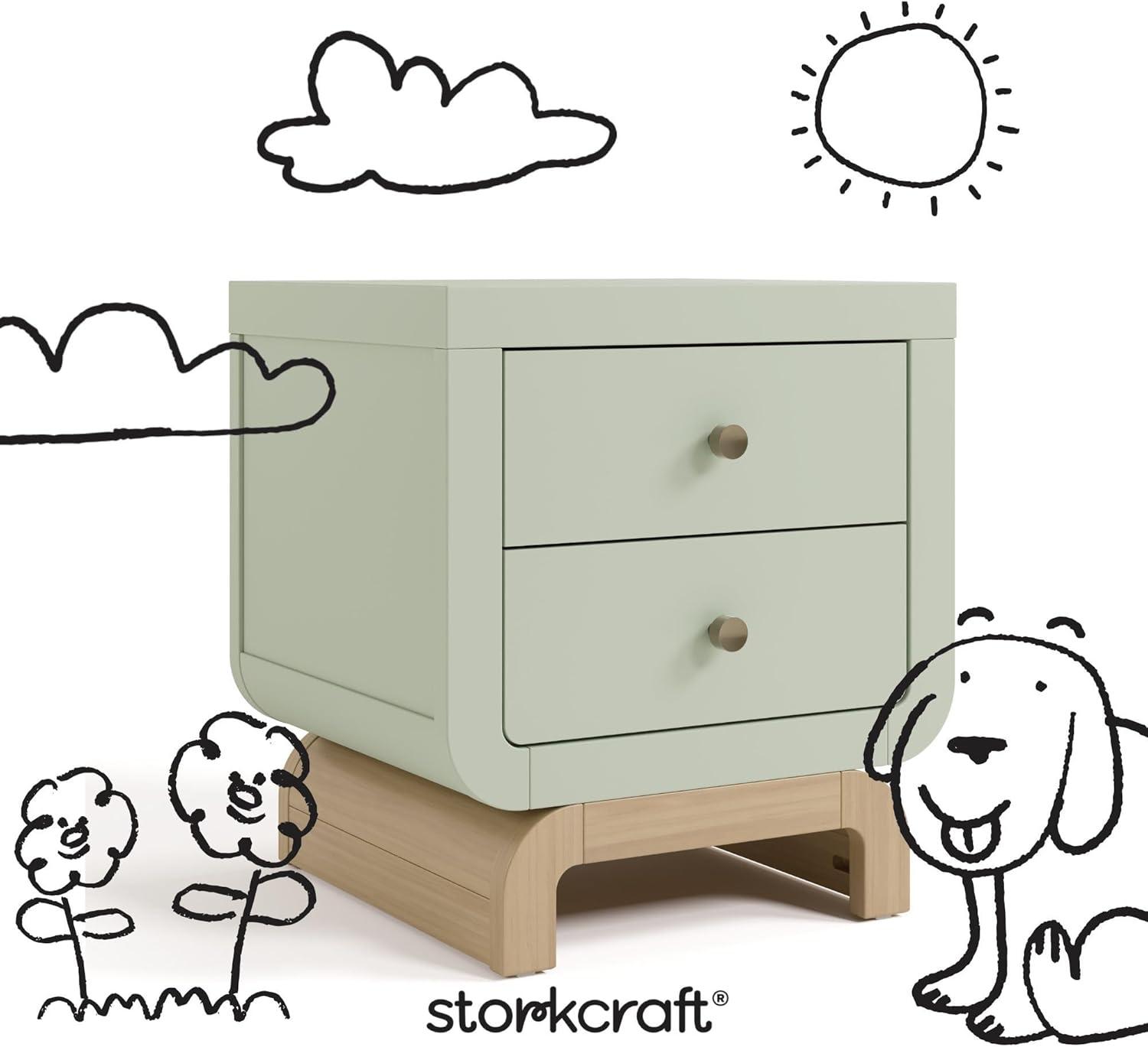 imageStorkcraft Santorini 2 Drawer Nightstand White ampamp Driftwood GREENGUARD Gold Certified Nightstand for Kids Bedroom Premium Wood with Curved Base Champagne Metal KnobsSage Driftwood