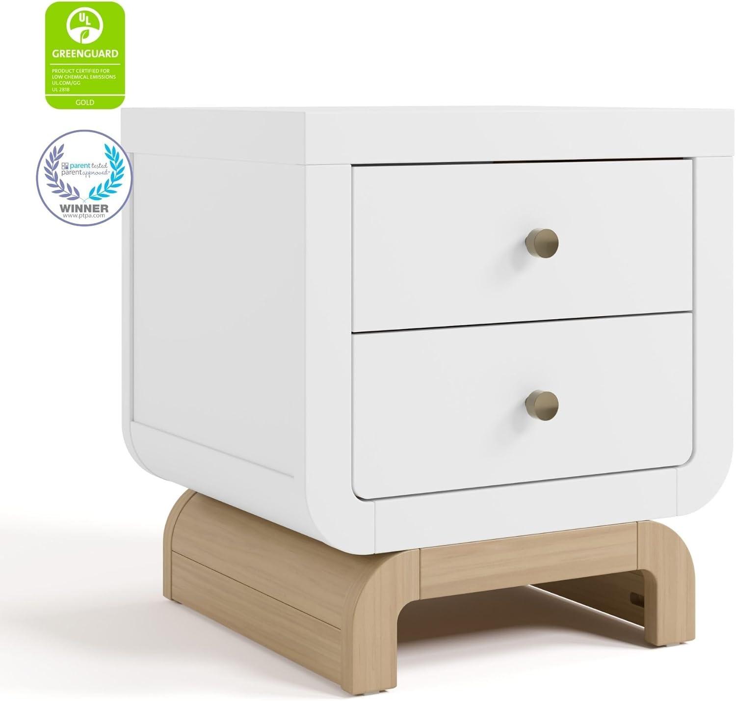 imageStorkcraft Santorini 2 Drawer Nightstand White ampamp Driftwood GREENGUARD Gold Certified Nightstand for Kids Bedroom Premium Wood with Curved Base Champagne Metal KnobsWhite Driftwood