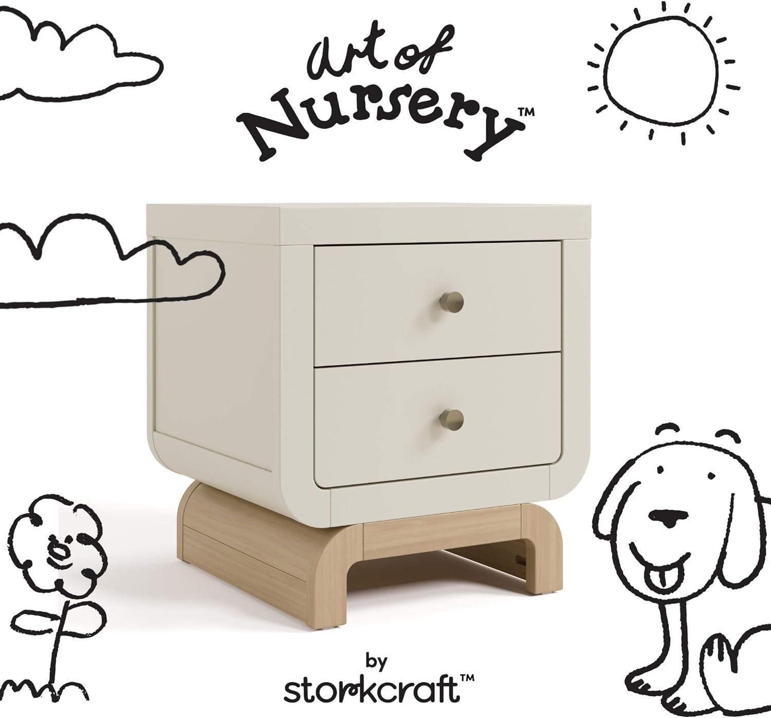 imageStorkcraft Santorini 2 Drawer Nightstand White ampamp Driftwood GREENGUARD Gold Certified Nightstand for Kids Bedroom Premium Wood with Curved Base Champagne Metal KnobsFrosted Oat Driftwood