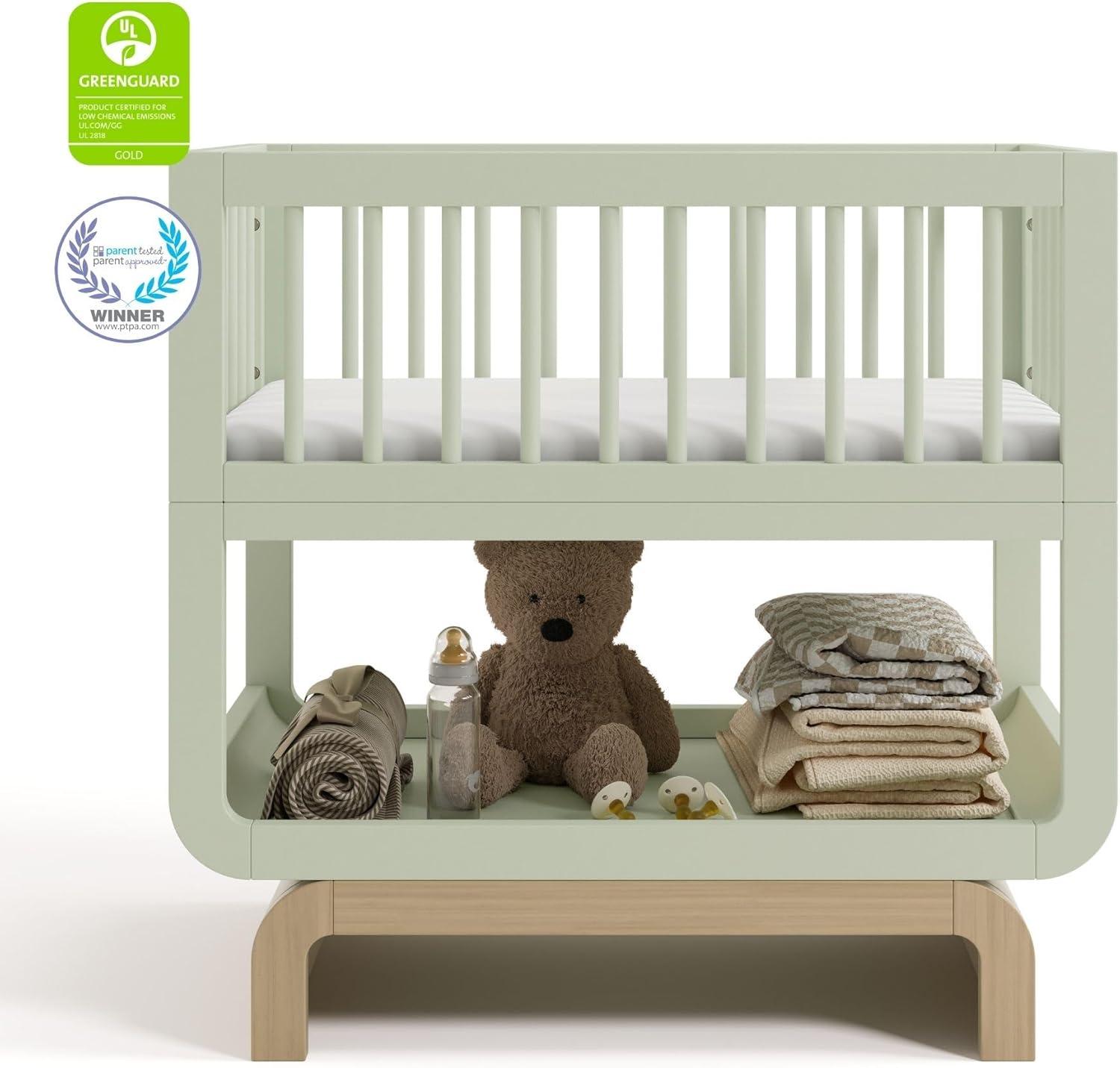 imageStorkcraft Santorini Deluxe 3in1 Convertible Bassinet Frosted Oat with Driftwood GREENGUARD Gold Certified Wood Baby Bassinet Includes WaterResistant Mattress Converts to Toy Box and BookcaseSage With Driftwood