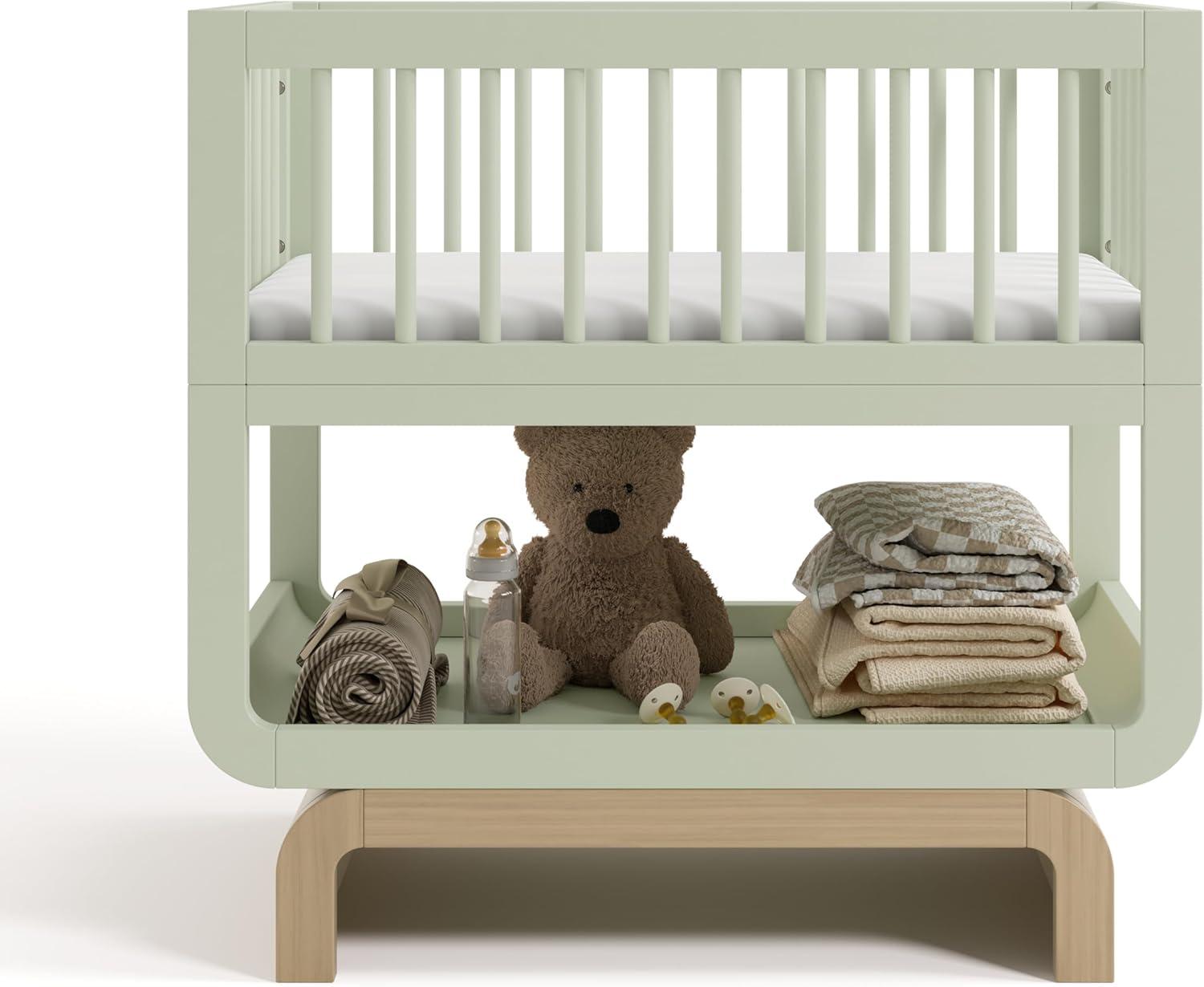imageStorkcraft Santorini Deluxe 3in1 Convertible Bassinet Frosted Oat with Driftwood GREENGUARD Gold Certified Wood Baby Bassinet Includes WaterResistant Mattress Converts to Toy Box and BookcaseSage With Driftwood
