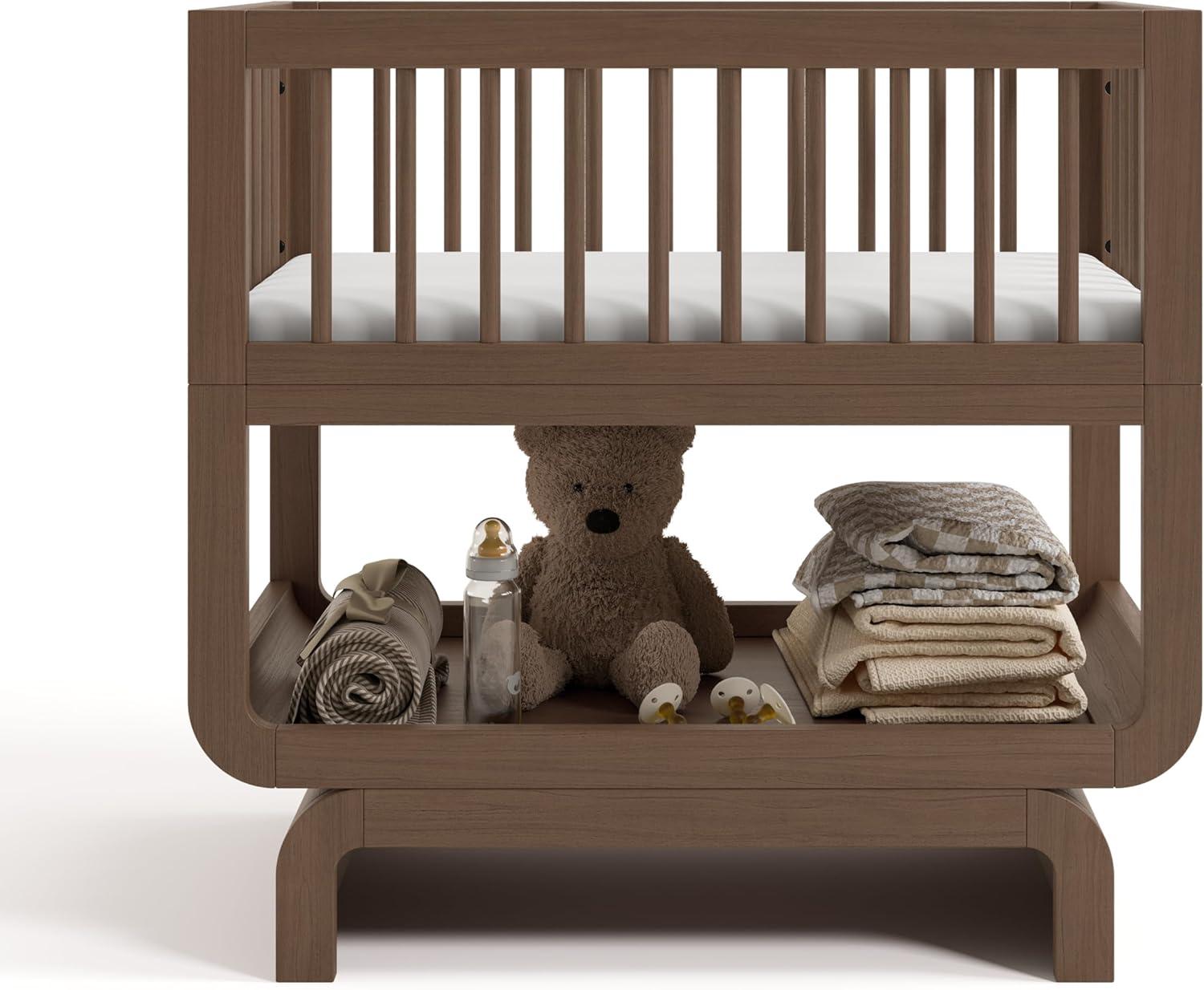 imageStorkcraft Santorini Deluxe 3in1 Convertible Bassinet Frosted Oat with Driftwood GREENGUARD Gold Certified Wood Baby Bassinet Includes WaterResistant Mattress Converts to Toy Box and BookcaseHazelnut