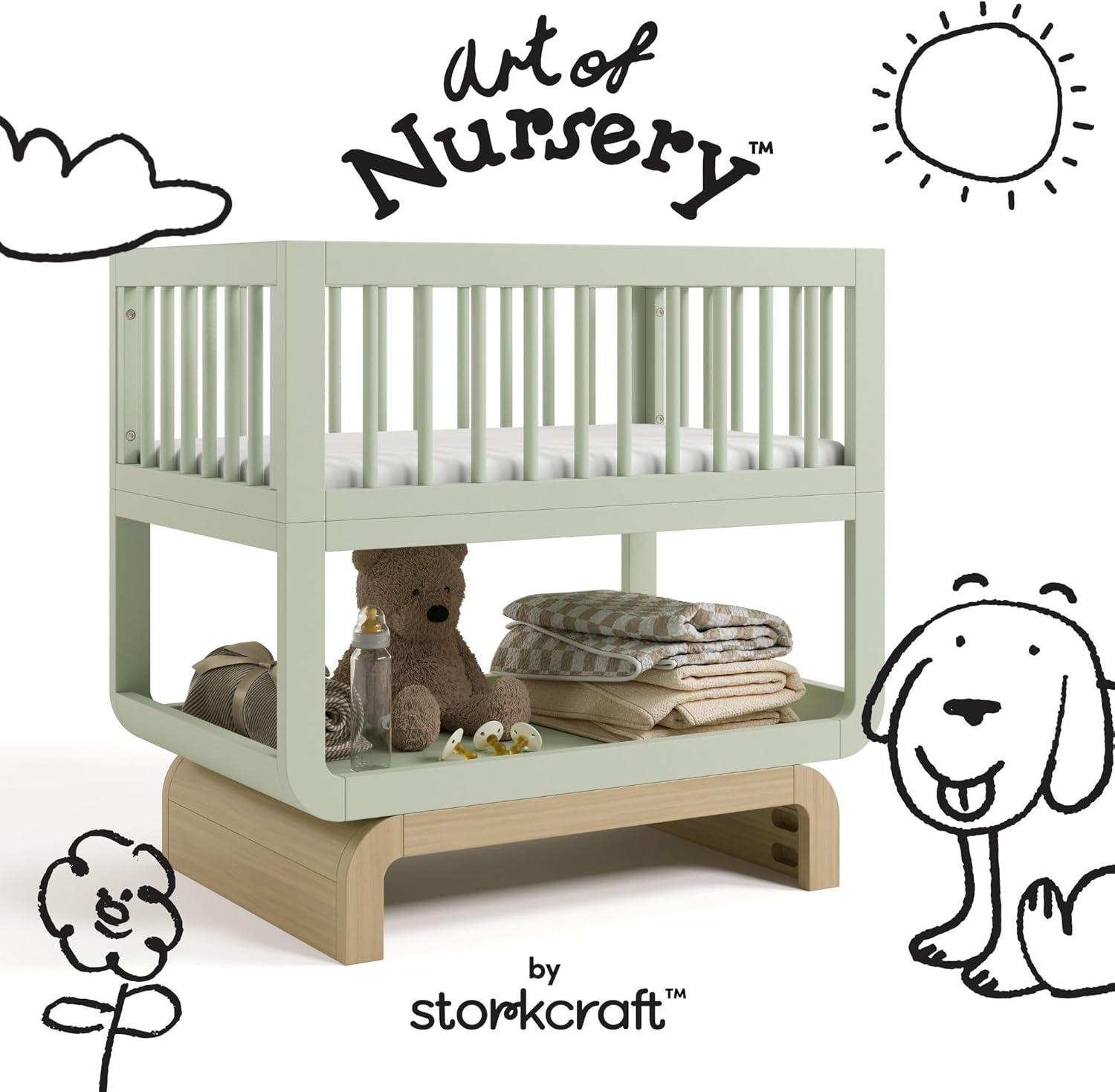 imageStorkcraft Santorini Deluxe 3in1 Convertible Bassinet Frosted Oat with Driftwood GREENGUARD Gold Certified Wood Baby Bassinet Includes WaterResistant Mattress Converts to Toy Box and BookcaseSage With Driftwood