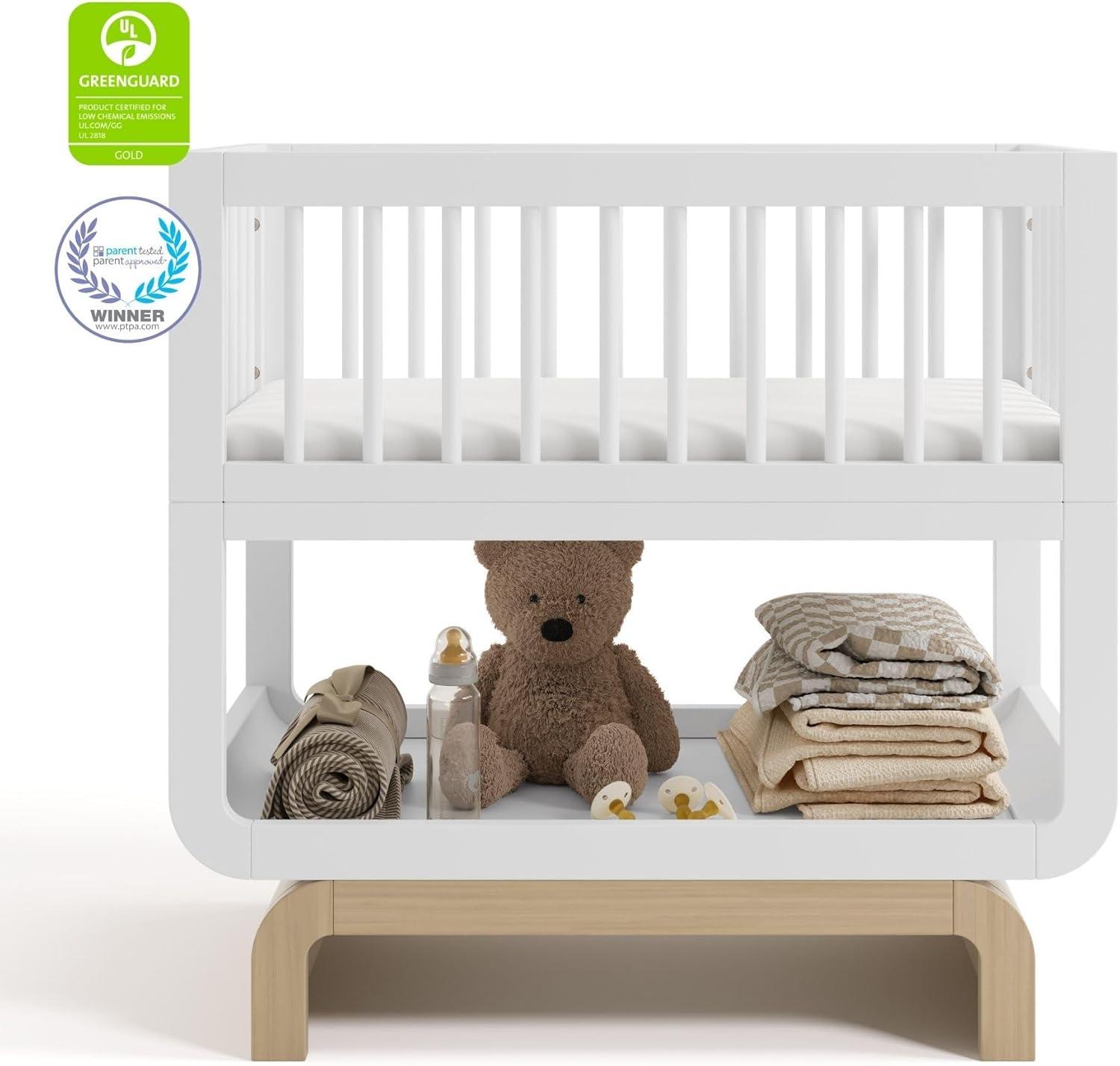 imageStorkcraft Santorini Deluxe 3in1 Convertible Bassinet Frosted Oat with Driftwood GREENGUARD Gold Certified Wood Baby Bassinet Includes WaterResistant Mattress Converts to Toy Box and BookcaseWhite With Driftwood