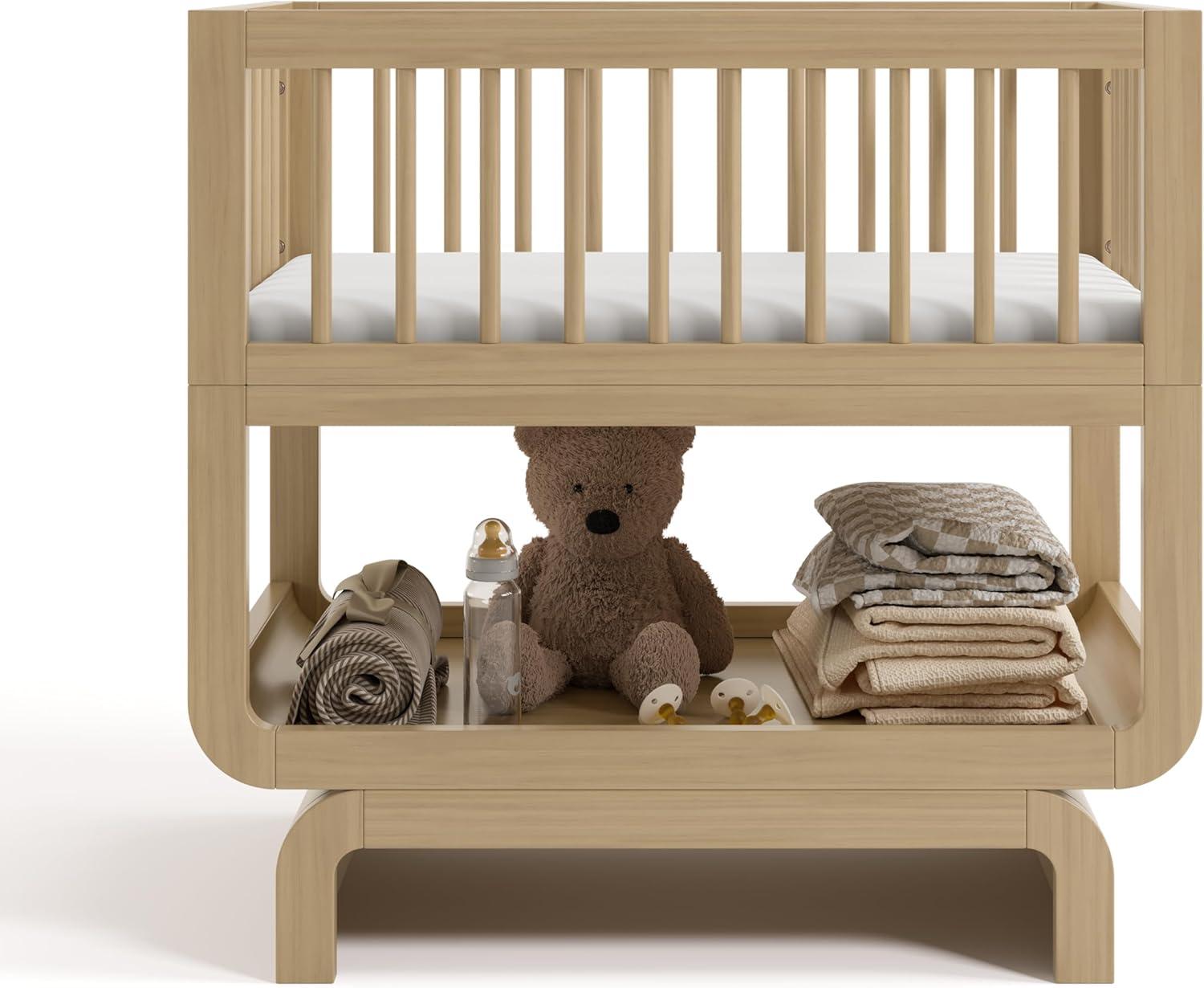 imageStorkcraft Santorini Deluxe 3in1 Convertible Bassinet Frosted Oat with Driftwood GREENGUARD Gold Certified Wood Baby Bassinet Includes WaterResistant Mattress Converts to Toy Box and BookcaseDriftwood