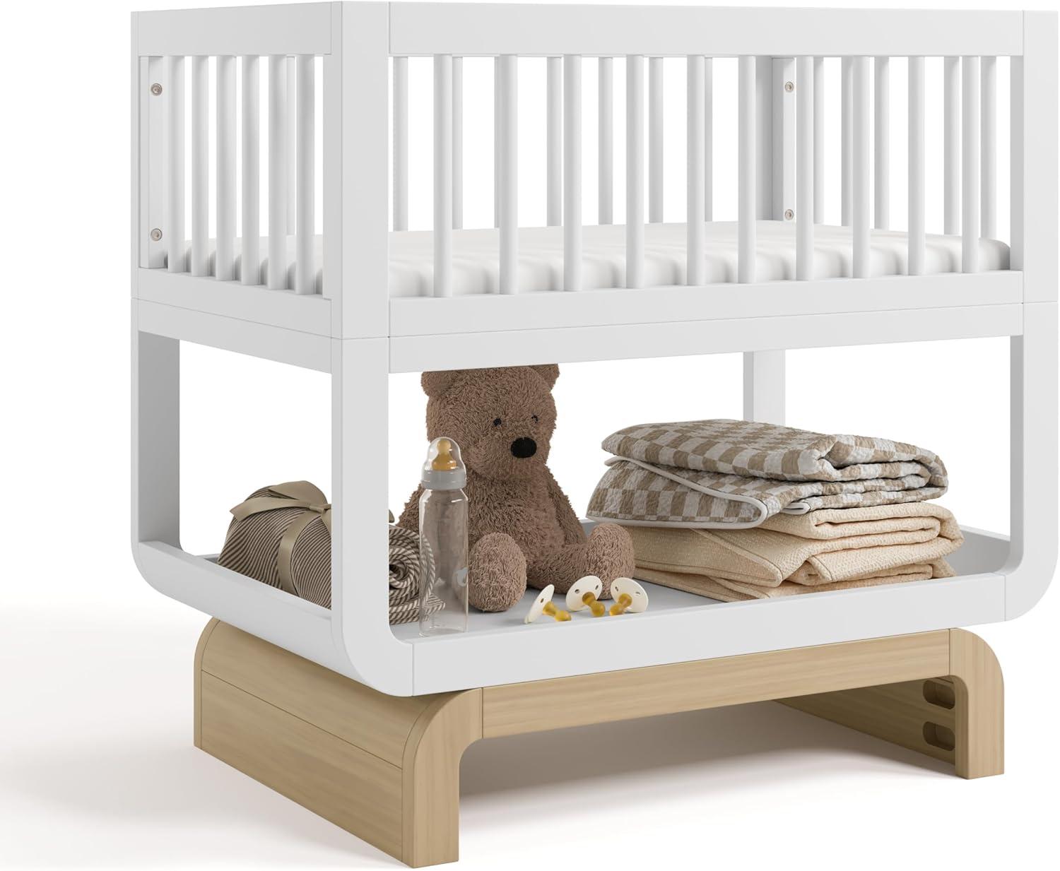 imageStorkcraft Santorini Deluxe 3in1 Convertible Bassinet Frosted Oat with Driftwood GREENGUARD Gold Certified Wood Baby Bassinet Includes WaterResistant Mattress Converts to Toy Box and BookcaseWhite With Driftwood