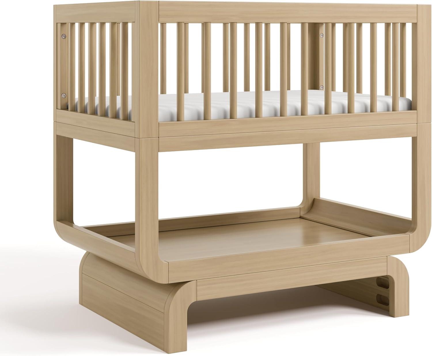 imageStorkcraft Santorini Deluxe 3in1 Convertible Bassinet Frosted Oat with Driftwood GREENGUARD Gold Certified Wood Baby Bassinet Includes WaterResistant Mattress Converts to Toy Box and BookcaseDriftwood