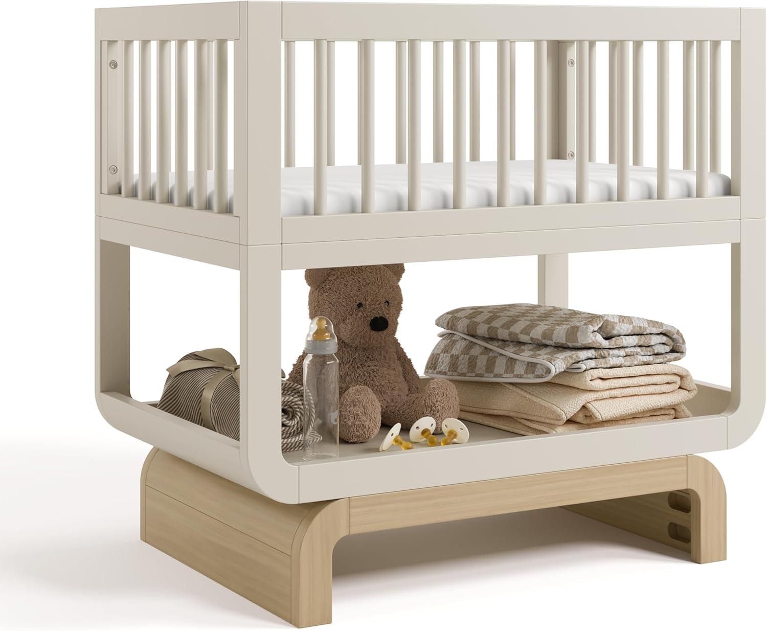 imageStorkcraft Santorini Deluxe 3in1 Convertible Bassinet Frosted Oat with Driftwood GREENGUARD Gold Certified Wood Baby Bassinet Includes WaterResistant Mattress Converts to Toy Box and BookcaseFrosted Oat With Driftwood