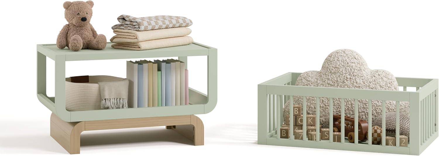 imageStorkcraft Santorini Deluxe 3in1 Convertible Bassinet Frosted Oat with Driftwood GREENGUARD Gold Certified Wood Baby Bassinet Includes WaterResistant Mattress Converts to Toy Box and BookcaseSage With Driftwood