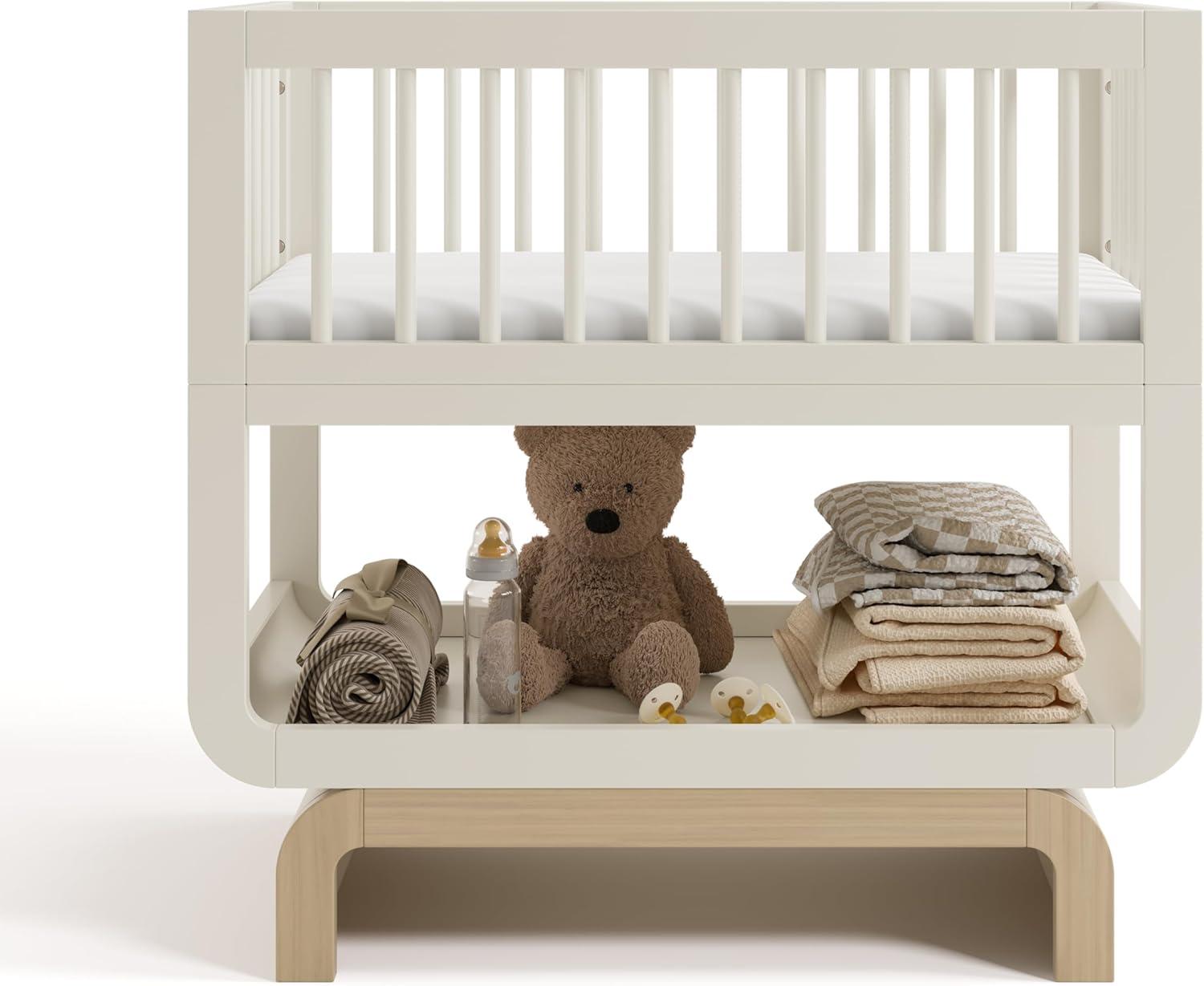 imageStorkcraft Santorini Deluxe 3in1 Convertible Bassinet Frosted Oat with Driftwood GREENGUARD Gold Certified Wood Baby Bassinet Includes WaterResistant Mattress Converts to Toy Box and BookcaseFrosted Oat With Driftwood