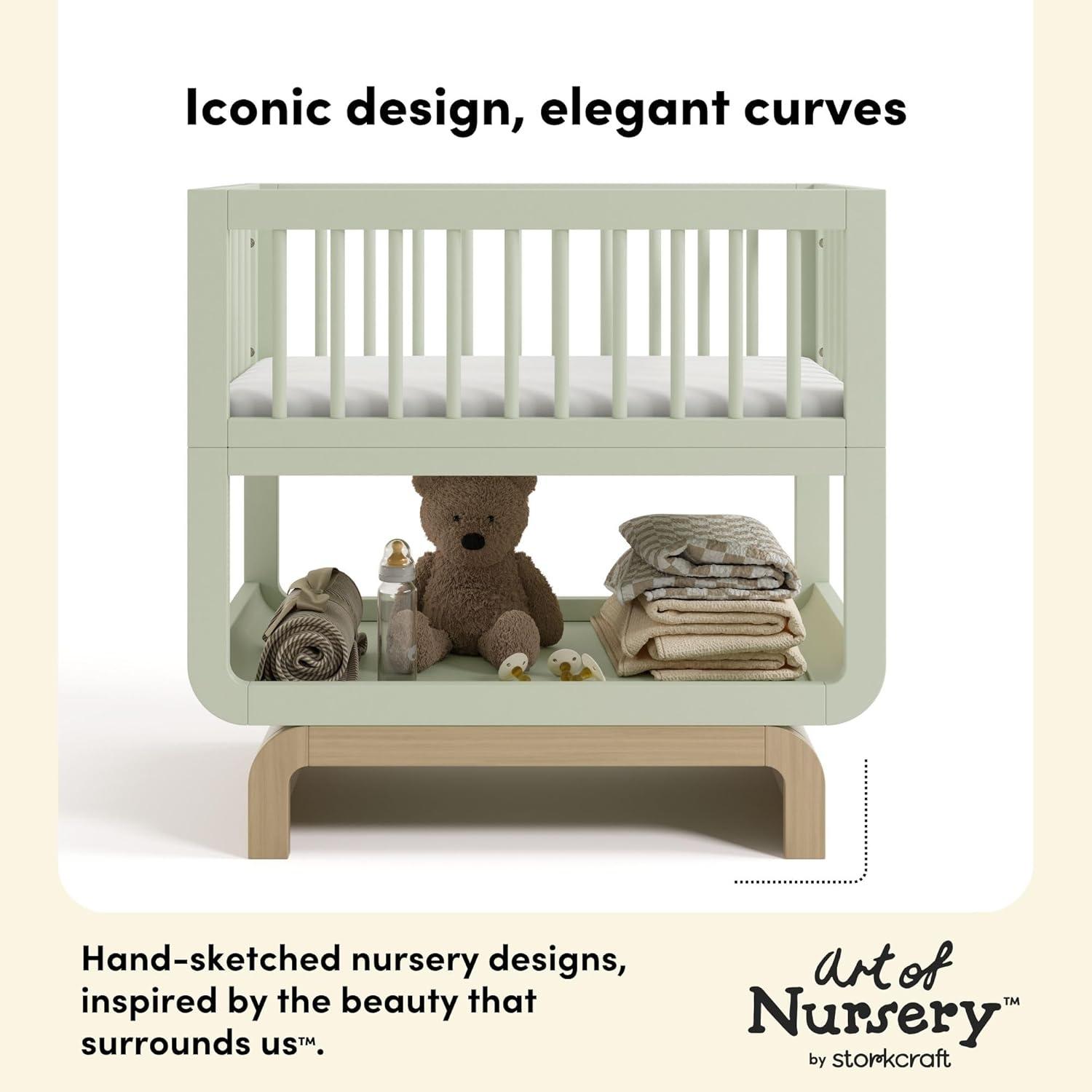 imageStorkcraft Santorini Deluxe 3in1 Convertible Bassinet Frosted Oat with Driftwood GREENGUARD Gold Certified Wood Baby Bassinet Includes WaterResistant Mattress Converts to Toy Box and BookcaseSage With Driftwood