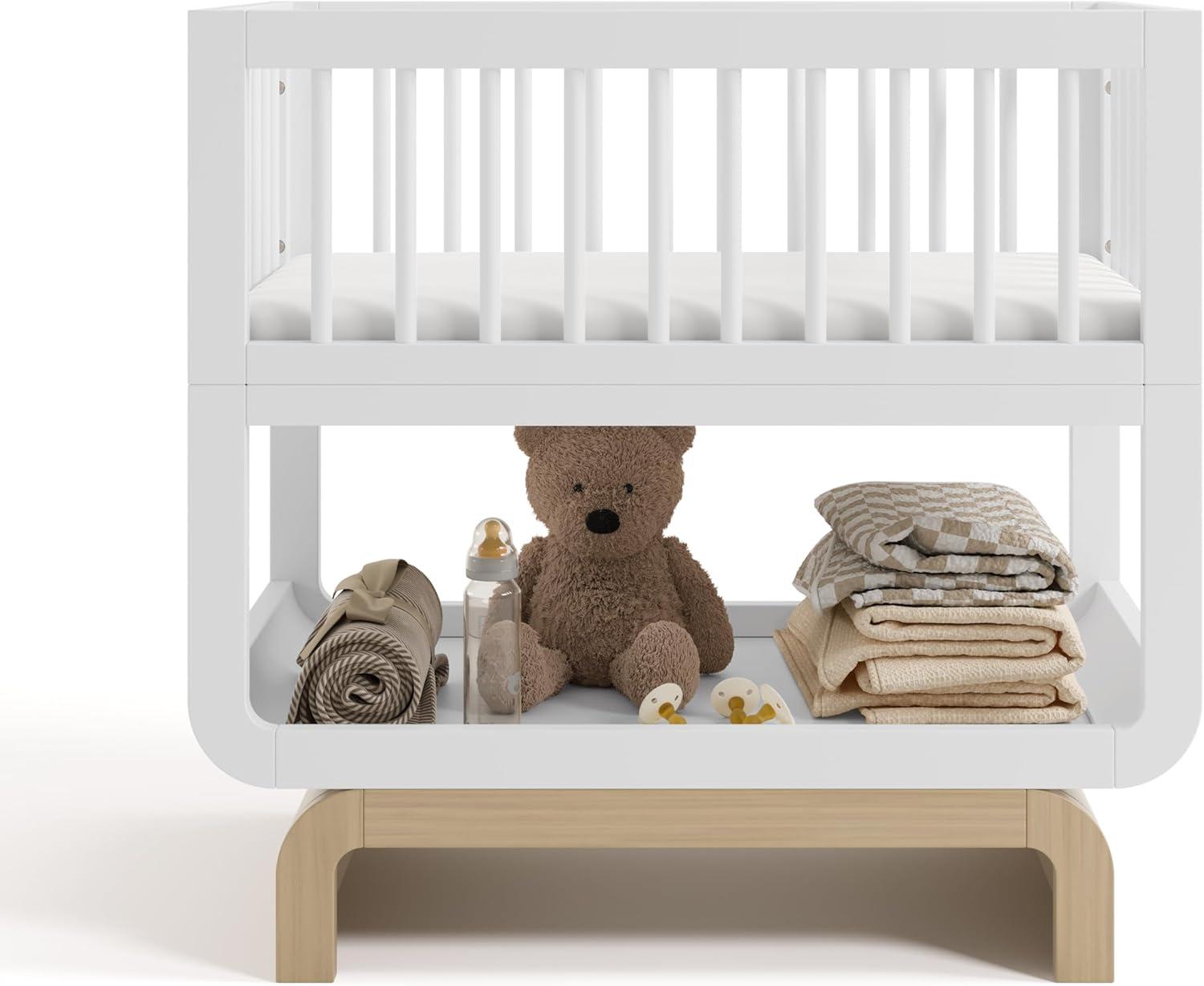 imageStorkcraft Santorini Deluxe 3in1 Convertible Bassinet Frosted Oat with Driftwood GREENGUARD Gold Certified Wood Baby Bassinet Includes WaterResistant Mattress Converts to Toy Box and BookcaseWhite With Driftwood