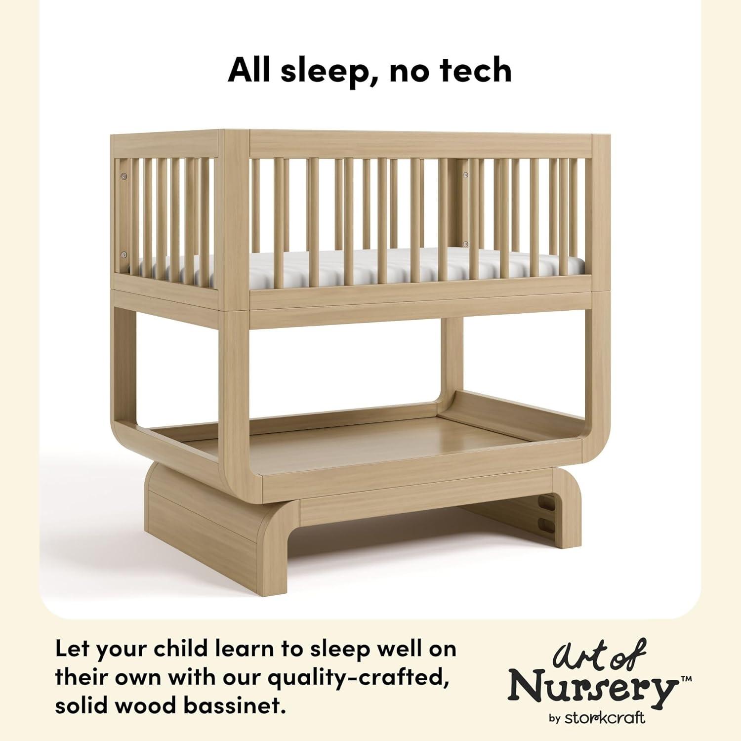 imageStorkcraft Santorini Deluxe 3in1 Convertible Bassinet Frosted Oat with Driftwood GREENGUARD Gold Certified Wood Baby Bassinet Includes WaterResistant Mattress Converts to Toy Box and BookcaseDriftwood