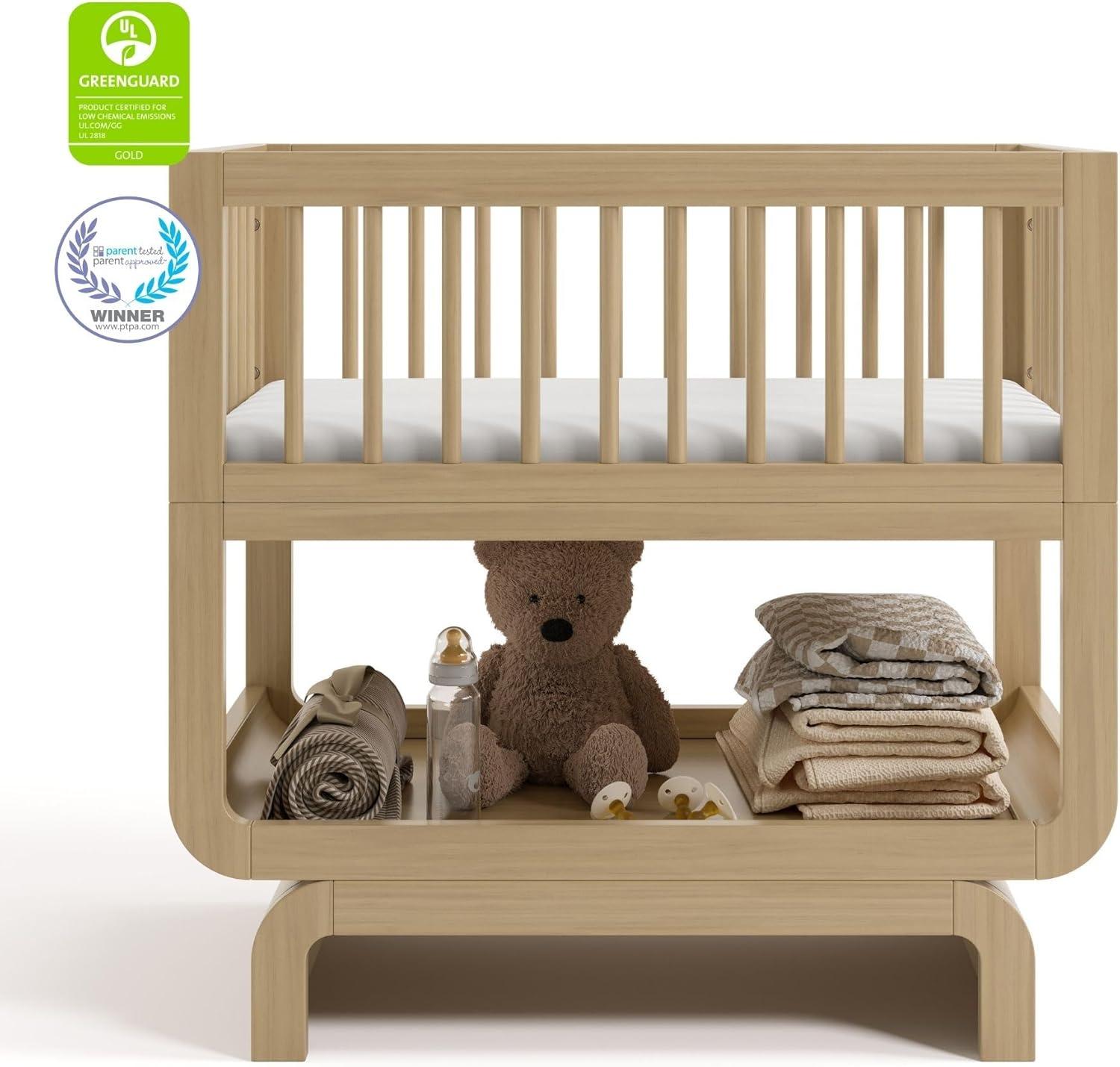 imageStorkcraft Santorini Deluxe 3in1 Convertible Bassinet Frosted Oat with Driftwood GREENGUARD Gold Certified Wood Baby Bassinet Includes WaterResistant Mattress Converts to Toy Box and BookcaseDriftwood