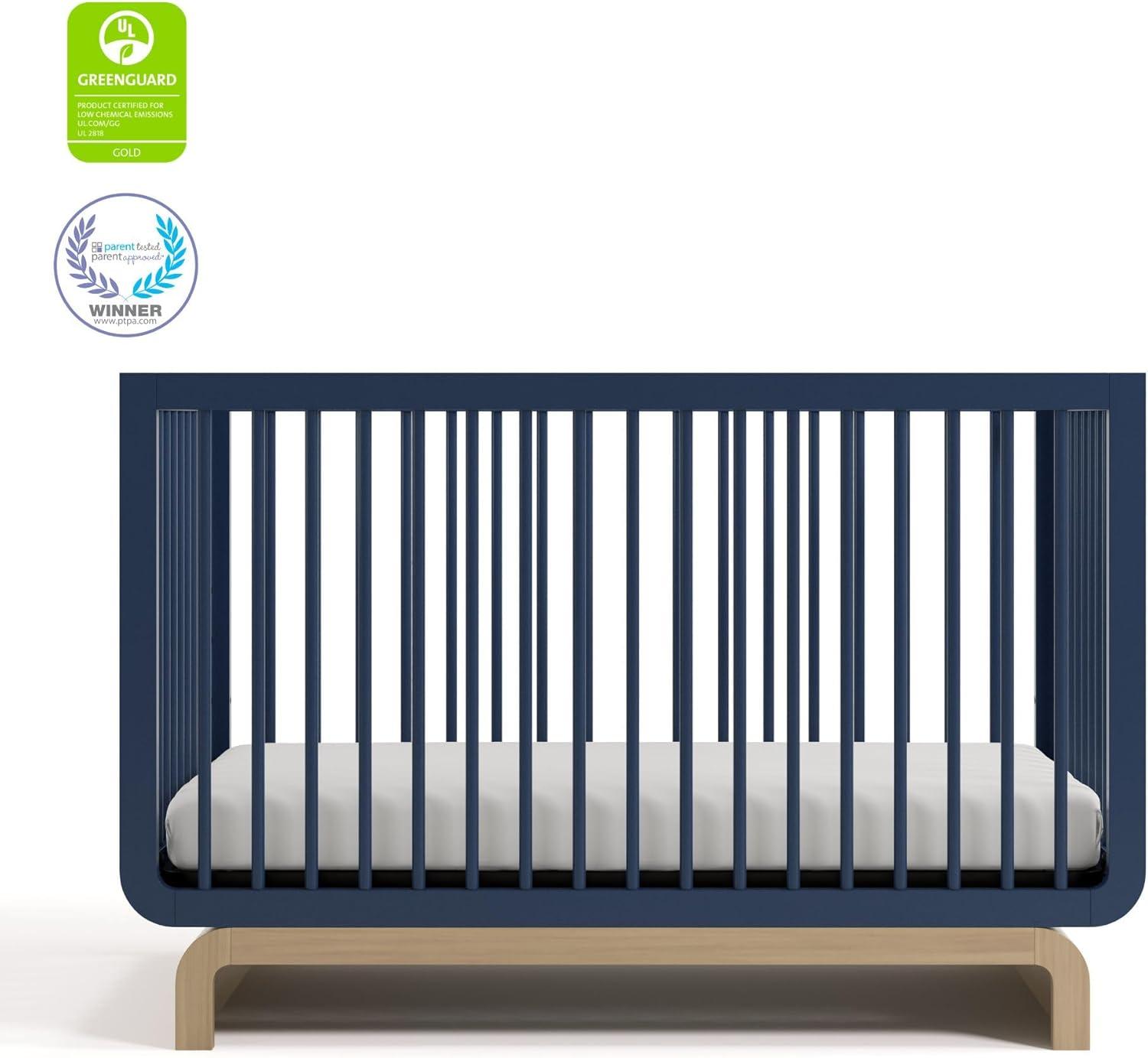 imageStorkcraft Santorini Deluxe 3in1 Convertible Bassinet Frosted Oat with Driftwood GREENGUARD Gold Certified Wood Baby Bassinet Includes WaterResistant Mattress Converts to Toy Box and BookcaseMidnight Blue With Driftwood