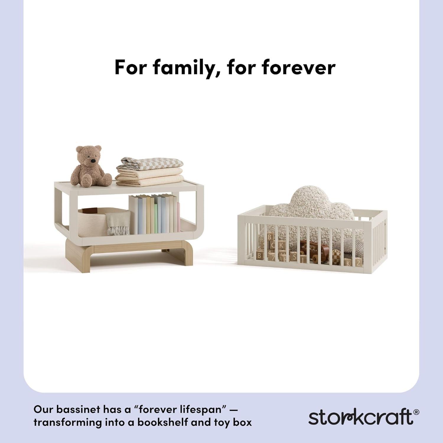 imageStorkcraft Santorini Deluxe 3in1 Convertible Bassinet Frosted Oat with Driftwood GREENGUARD Gold Certified Wood Baby Bassinet Includes WaterResistant Mattress Converts to Toy Box and BookcaseFrosted Oat With Driftwood