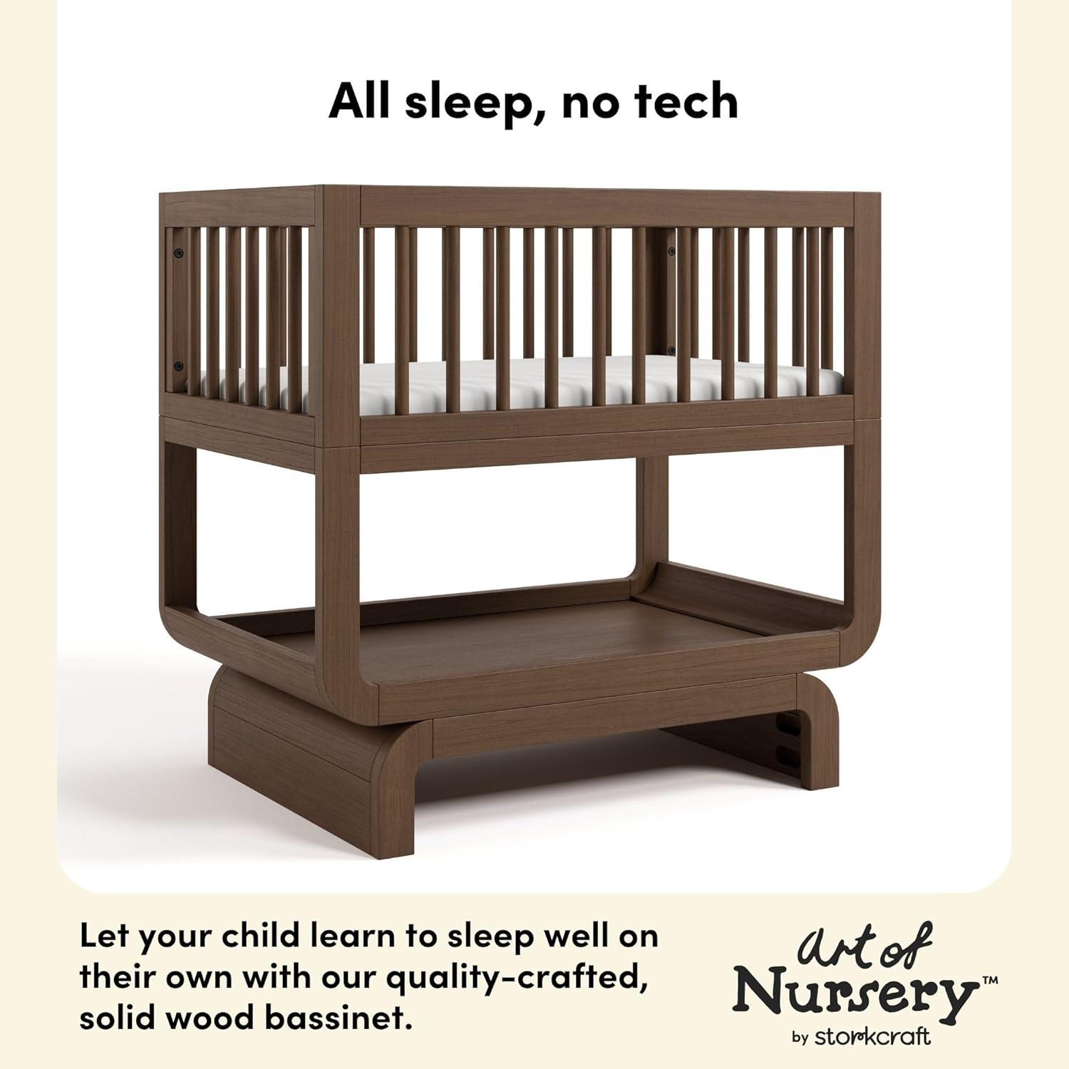 imageStorkcraft Santorini Deluxe 3in1 Convertible Bassinet Frosted Oat with Driftwood GREENGUARD Gold Certified Wood Baby Bassinet Includes WaterResistant Mattress Converts to Toy Box and BookcaseHazelnut