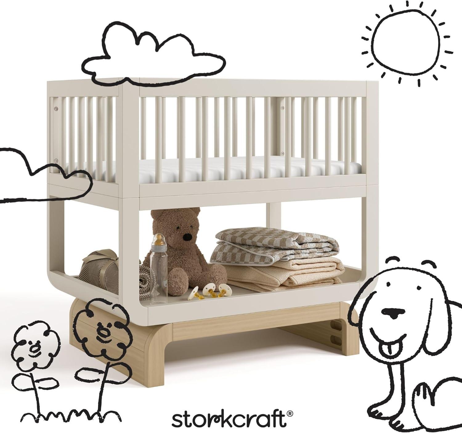 imageStorkcraft Santorini Deluxe 3in1 Convertible Bassinet Frosted Oat with Driftwood GREENGUARD Gold Certified Wood Baby Bassinet Includes WaterResistant Mattress Converts to Toy Box and BookcaseFrosted Oat With Driftwood