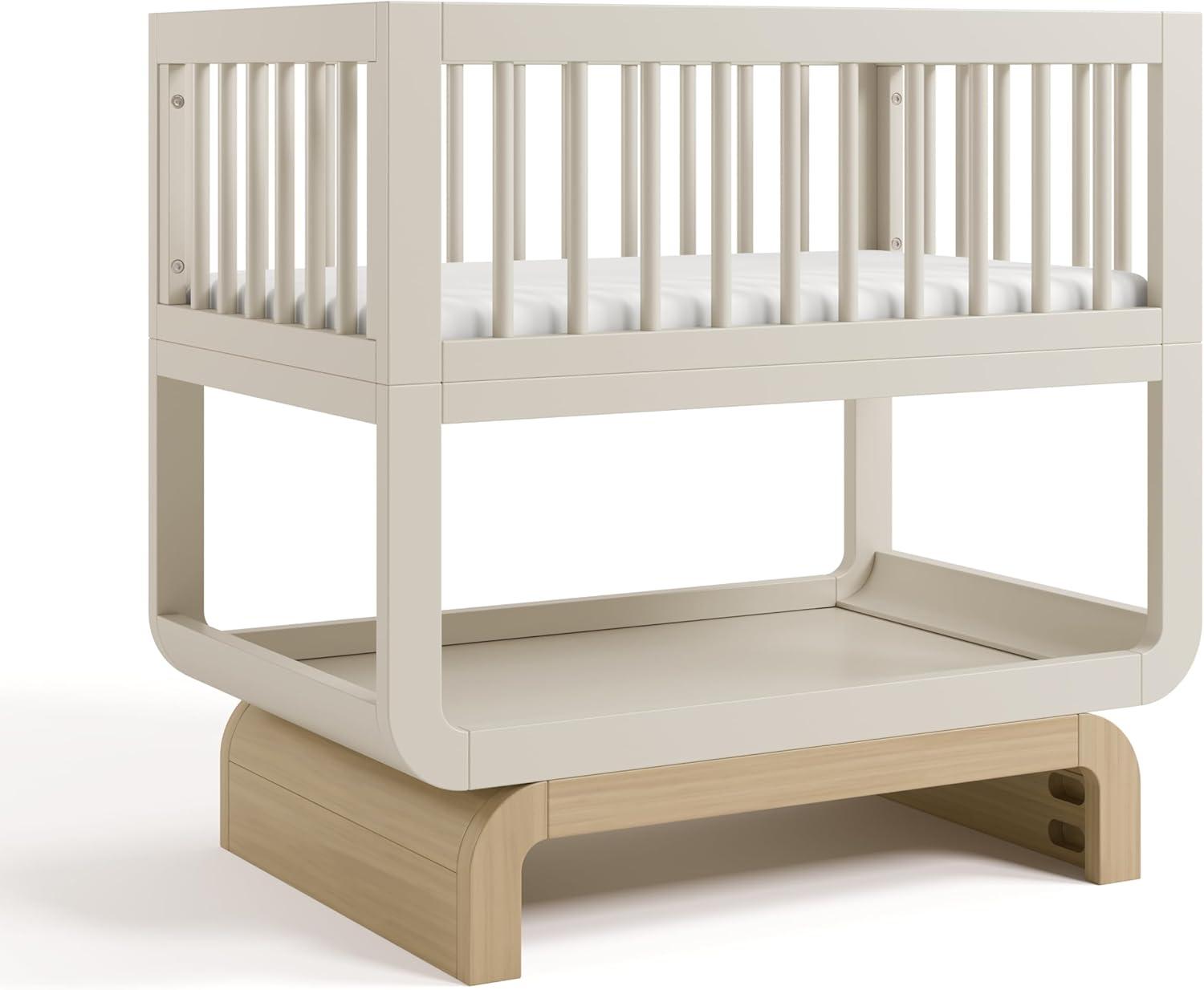 imageStorkcraft Santorini Deluxe 3in1 Convertible Bassinet Frosted Oat with Driftwood GREENGUARD Gold Certified Wood Baby Bassinet Includes WaterResistant Mattress Converts to Toy Box and BookcaseFrosted Oat With Driftwood