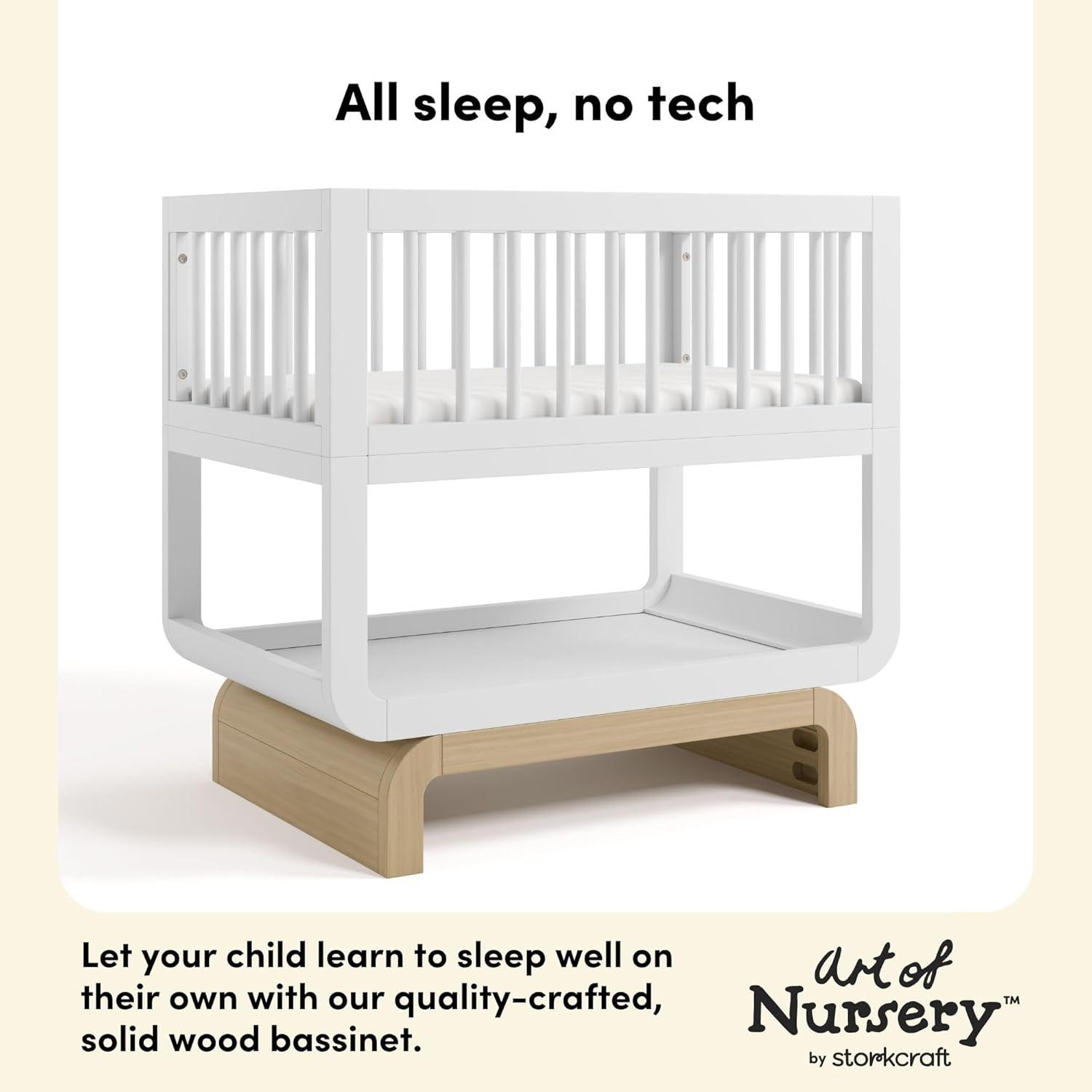 imageStorkcraft Santorini Deluxe 3in1 Convertible Bassinet Frosted Oat with Driftwood GREENGUARD Gold Certified Wood Baby Bassinet Includes WaterResistant Mattress Converts to Toy Box and BookcaseWhite With Driftwood