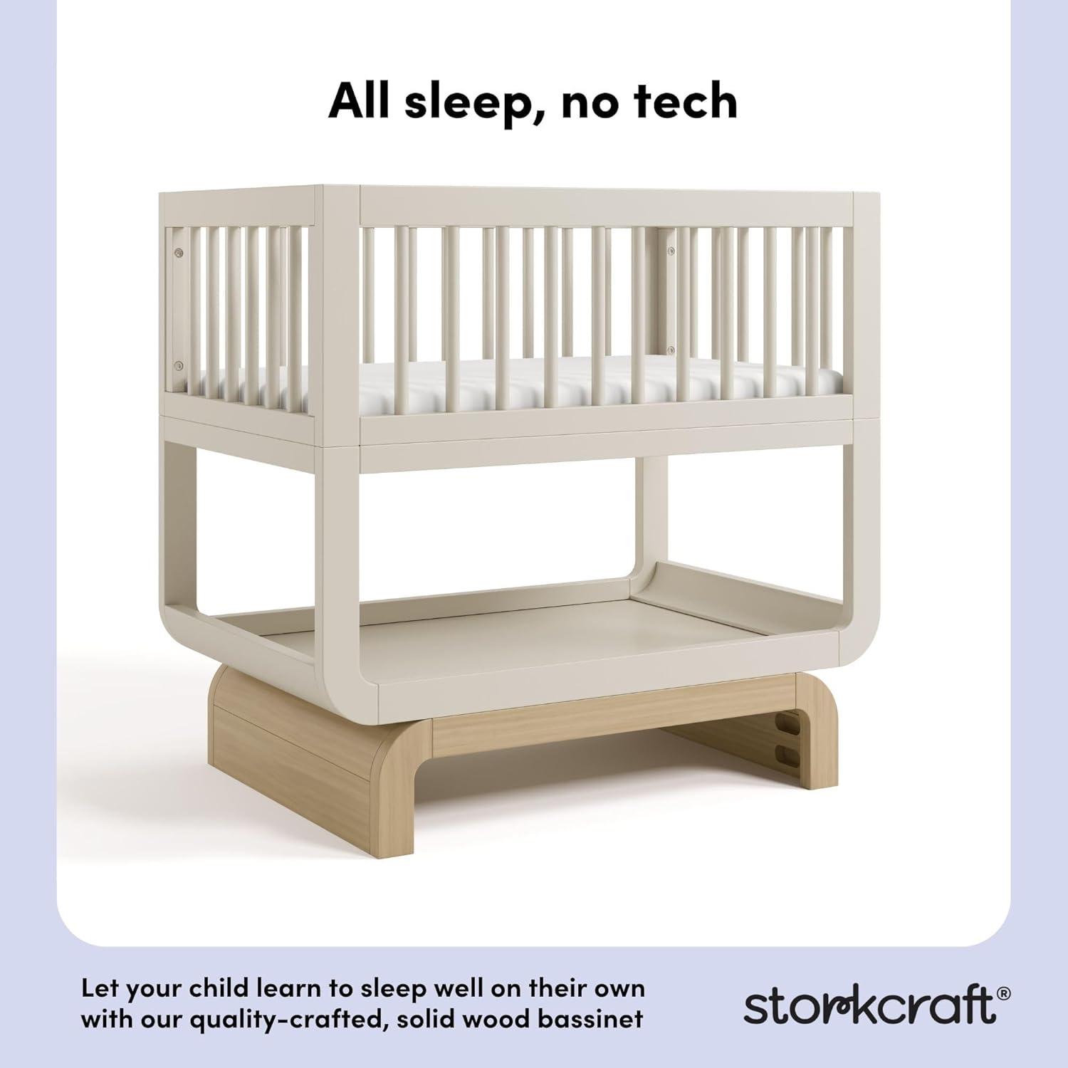 imageStorkcraft Santorini Deluxe 3in1 Convertible Bassinet Frosted Oat with Driftwood GREENGUARD Gold Certified Wood Baby Bassinet Includes WaterResistant Mattress Converts to Toy Box and BookcaseFrosted Oat With Driftwood