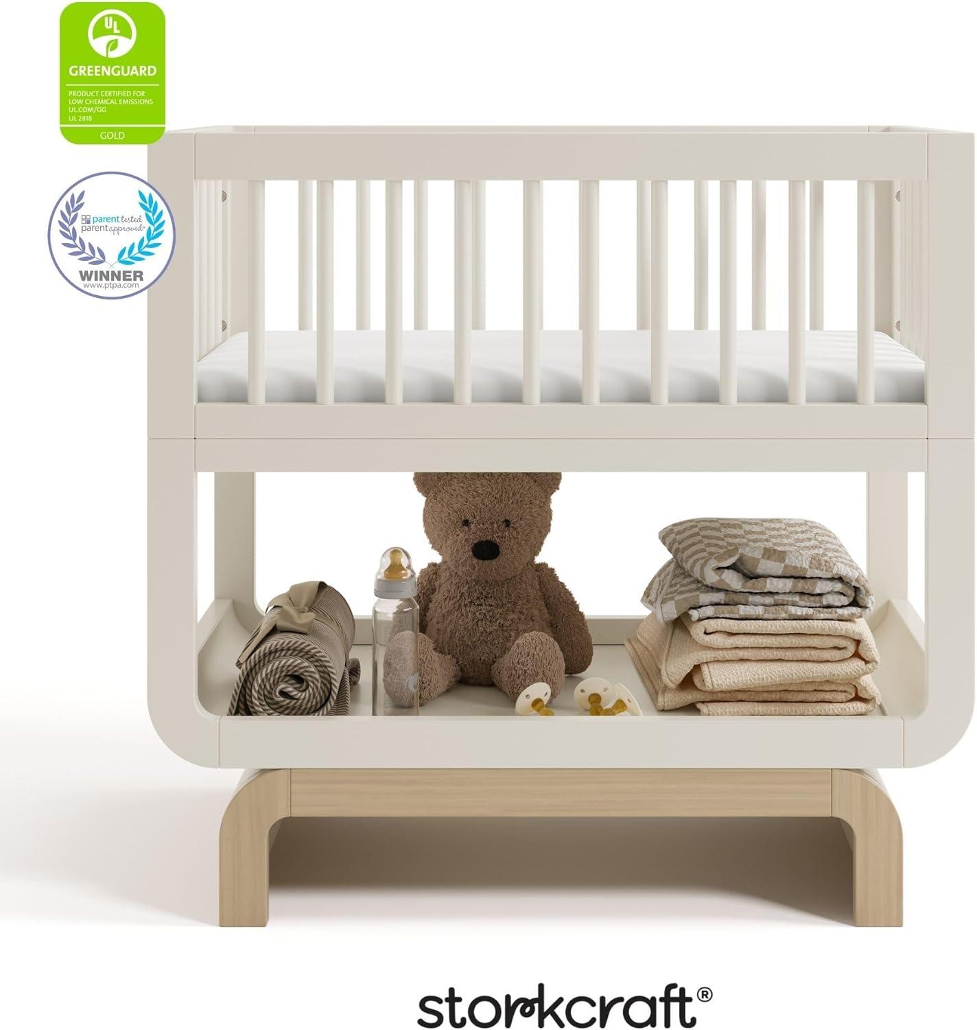 imageStorkcraft Santorini Deluxe 3in1 Convertible Bassinet Frosted Oat with Driftwood GREENGUARD Gold Certified Wood Baby Bassinet Includes WaterResistant Mattress Converts to Toy Box and BookcaseFrosted Oat With Driftwood