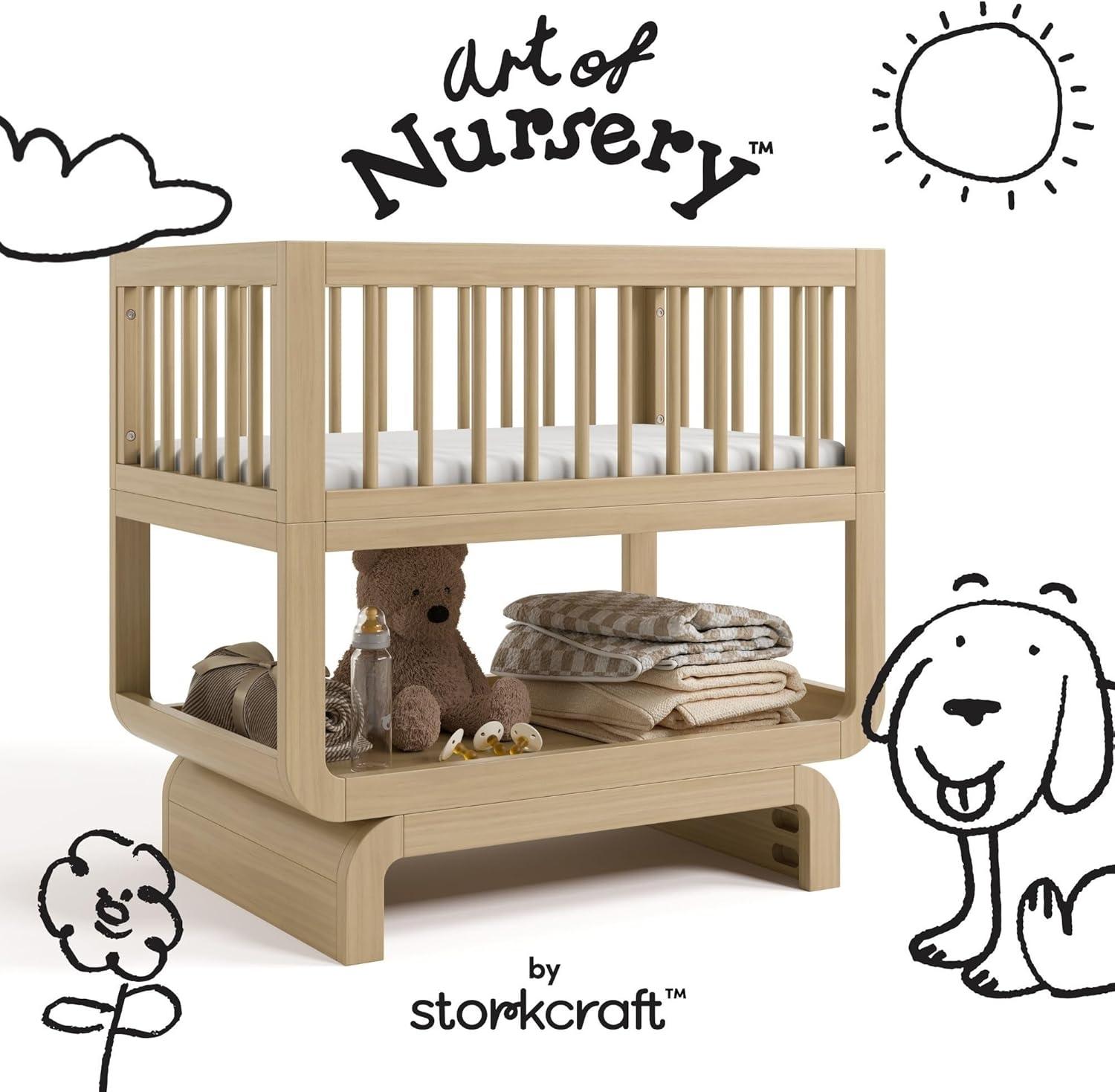 imageStorkcraft Santorini Deluxe 3in1 Convertible Bassinet Frosted Oat with Driftwood GREENGUARD Gold Certified Wood Baby Bassinet Includes WaterResistant Mattress Converts to Toy Box and BookcaseDriftwood