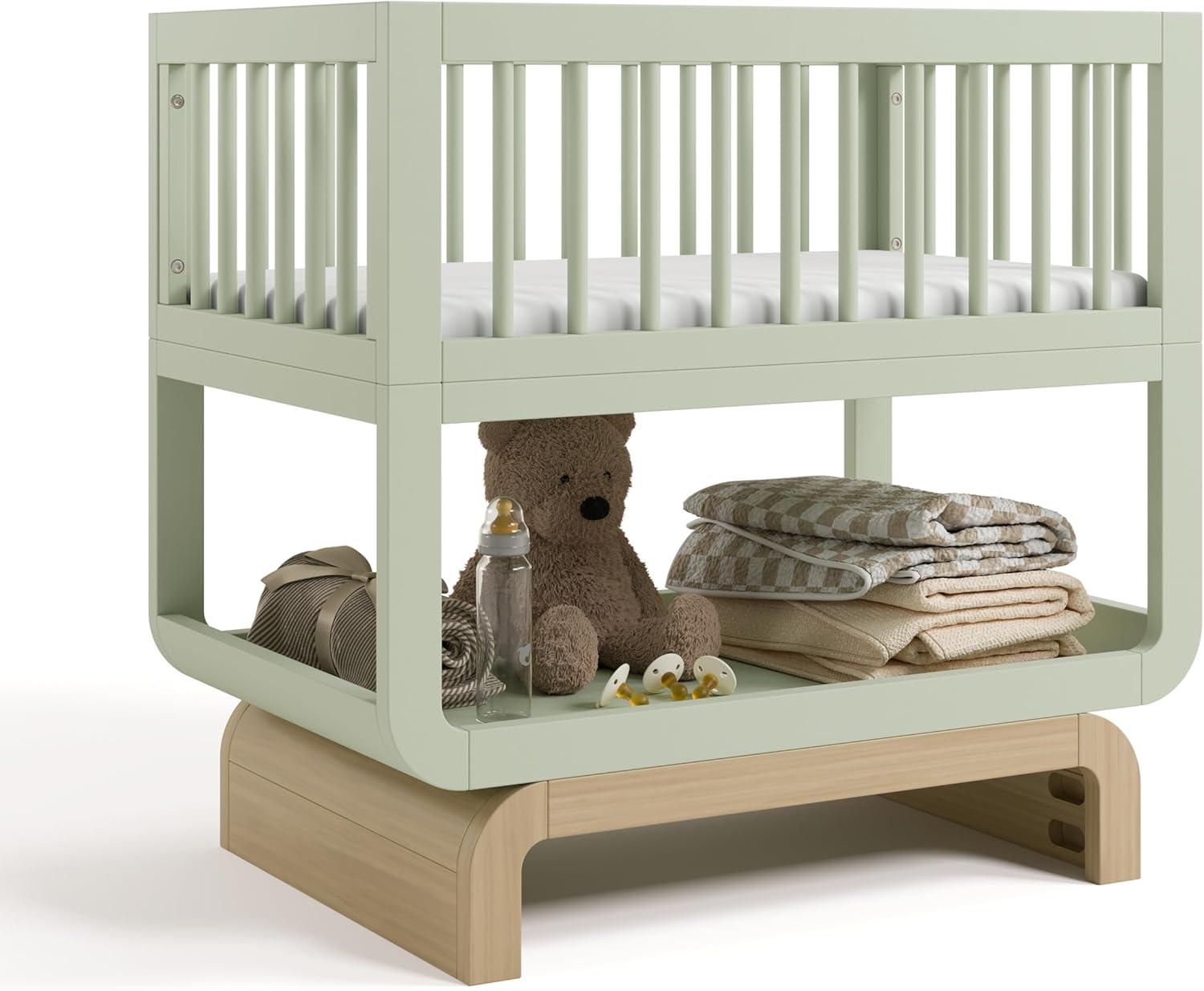 imageStorkcraft Santorini Deluxe 3in1 Convertible Bassinet Frosted Oat with Driftwood GREENGUARD Gold Certified Wood Baby Bassinet Includes WaterResistant Mattress Converts to Toy Box and BookcaseSage With Driftwood